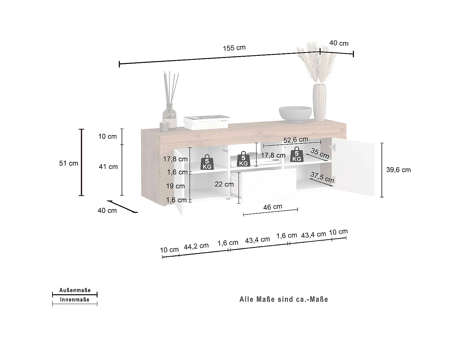 Mobile porta tv Chronos a 2 ante e 1 cassetto antracite opaco e rovere 155x40x51 cm