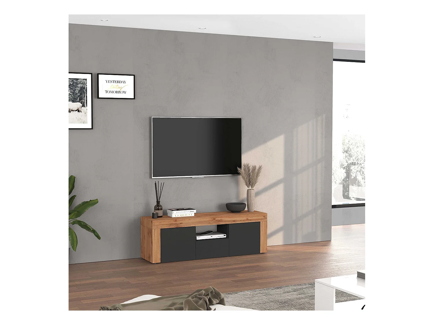 Mobile porta tv Chronos a 2 ante e 1 cassetto antracite opaco e rovere 155x40x51 cm