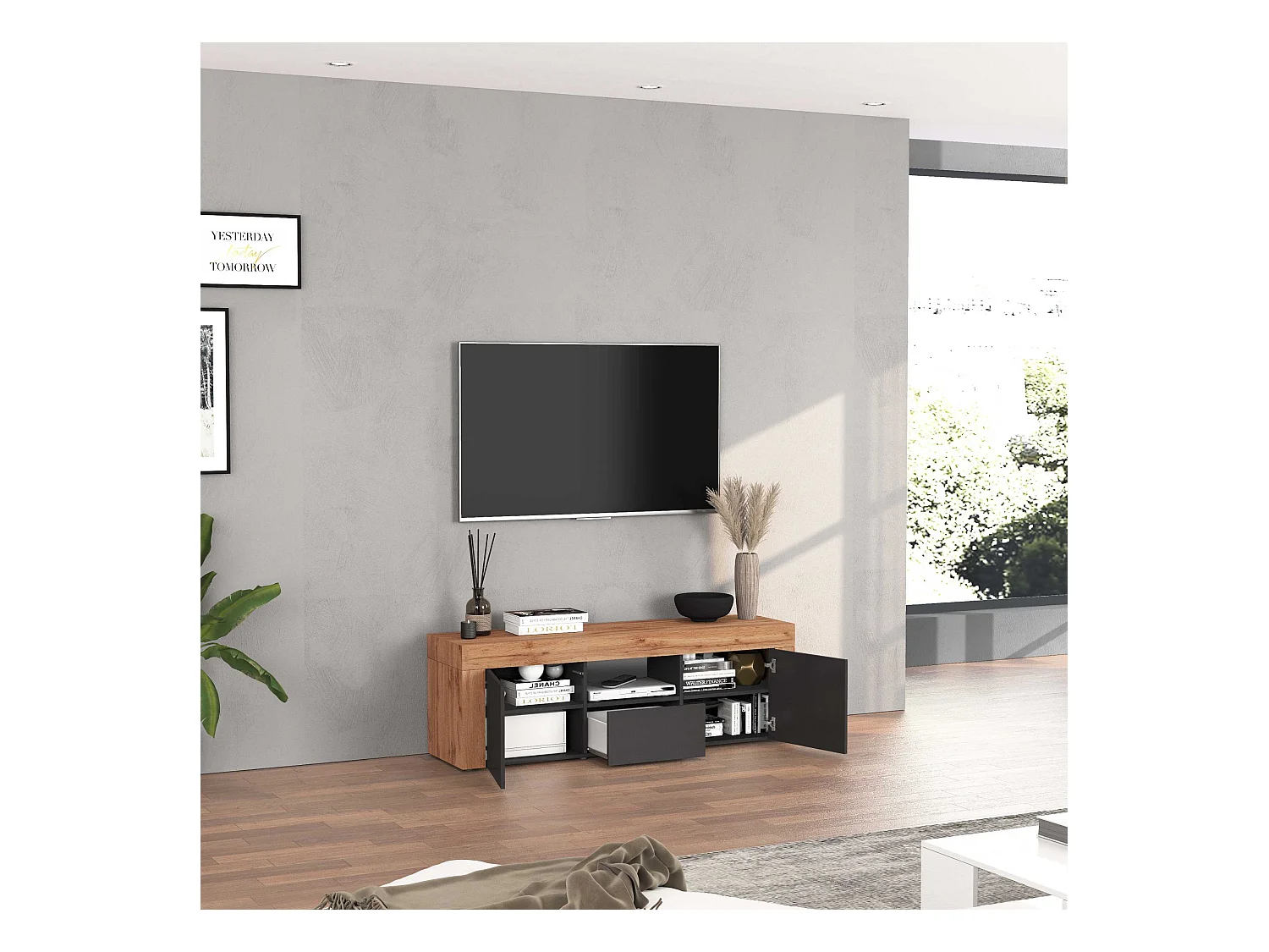 Mobile porta tv Chronos a 2 ante e 1 cassetto antracite opaco e rovere 155x40x51 cm