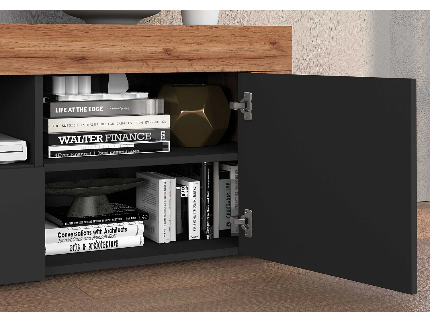 Mobile porta tv Chronos a 2 ante e 1 cassetto antracite opaco e rovere 155x40x51 cm