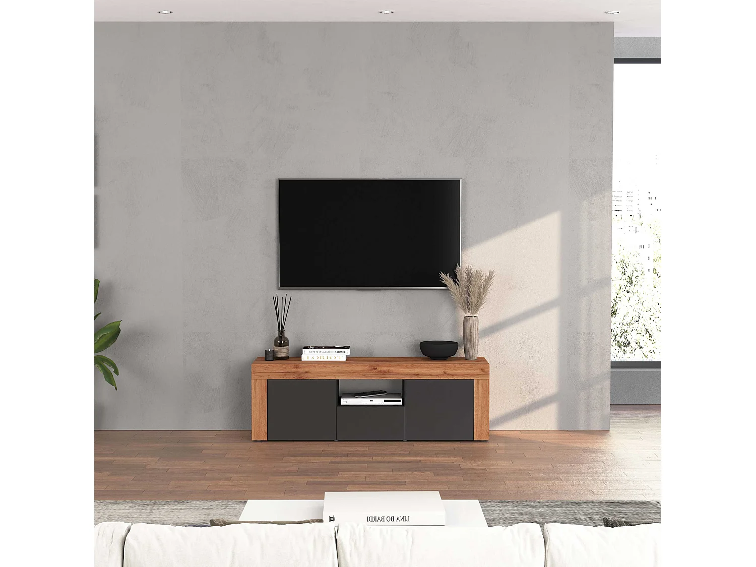 Mobile porta tv Chronos a 2 ante e 1 cassetto antracite opaco e rovere 155x40x51 cm