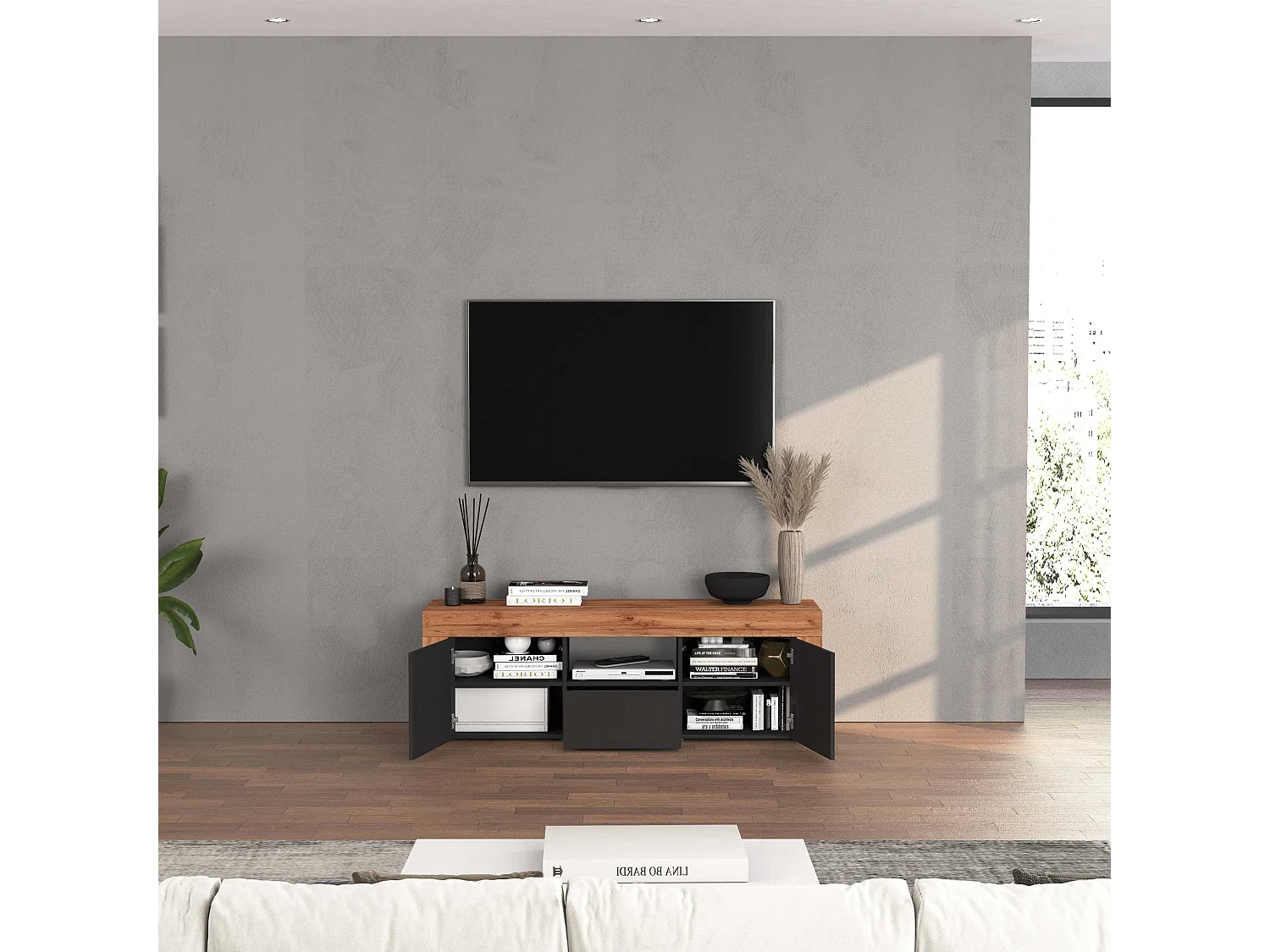 Mobile porta tv Chronos a 2 ante e 1 cassetto antracite opaco e rovere 155x40x51 cm