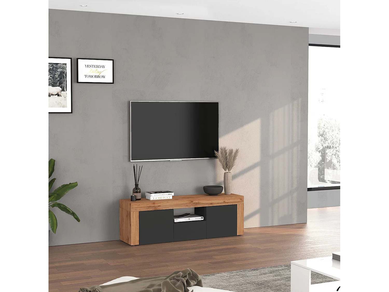 Mobile porta tv Chronos a 2 ante e 1 cassetto antracite opaco e rovere 155x40x51 cm