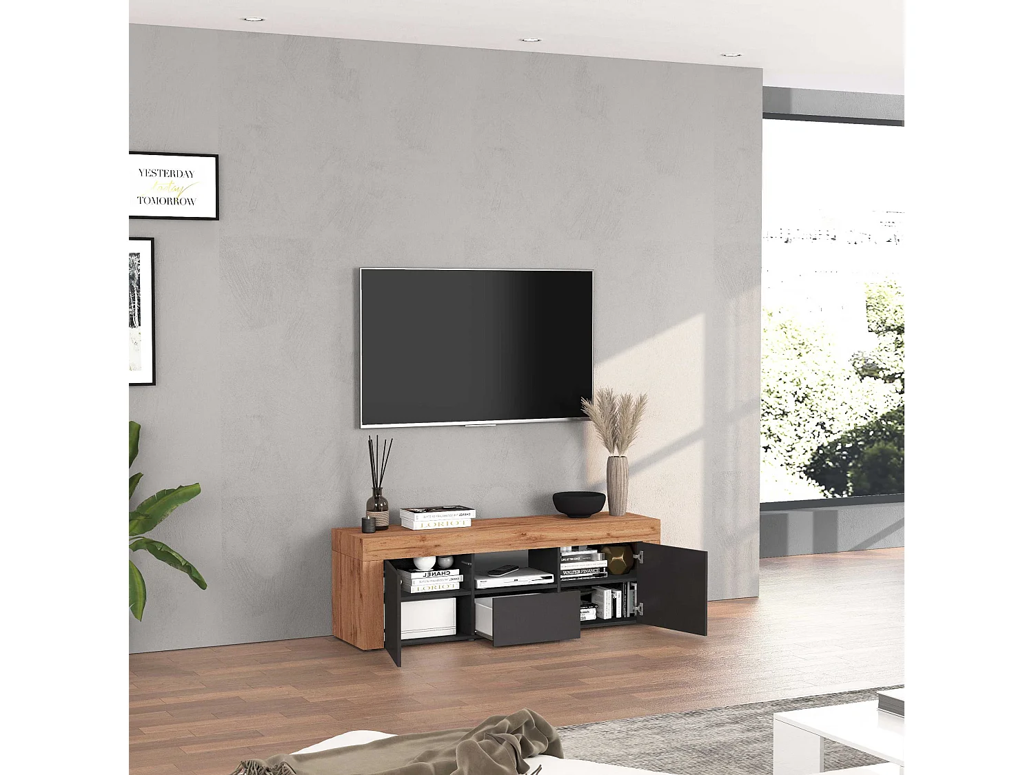 Mobile porta tv Chronos a 2 ante e 1 cassetto antracite opaco e rovere 155x40x51 cm