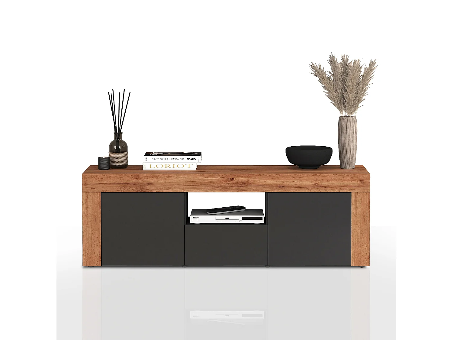 Mobile porta tv Chronos a 2 ante e 1 cassetto antracite opaco e rovere 155x40x51 cm