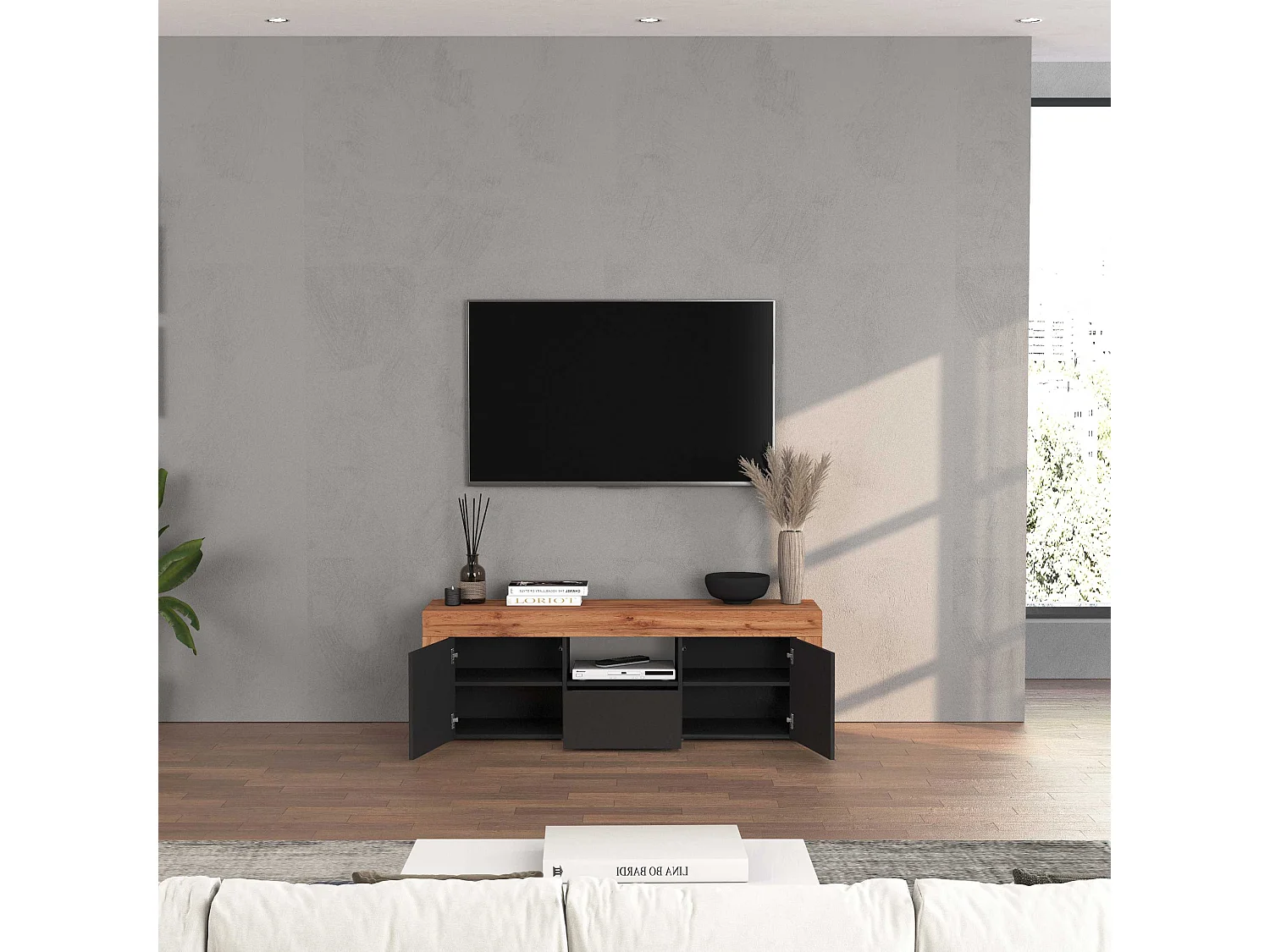 Mobile porta tv Chronos a 2 ante e 1 cassetto antracite opaco e rovere 155x40x51 cm