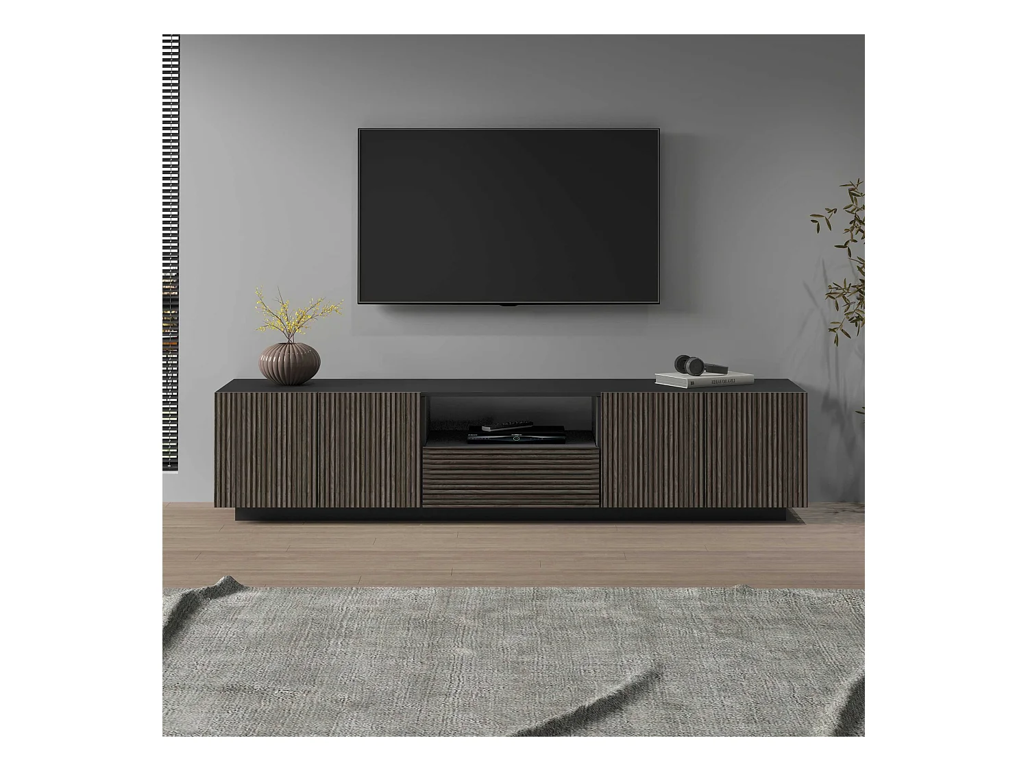 Mobile porta tv Coste a 4 ante 1 cassetto e 1 vano antracite/legno scuro 220,1x43x46 cm