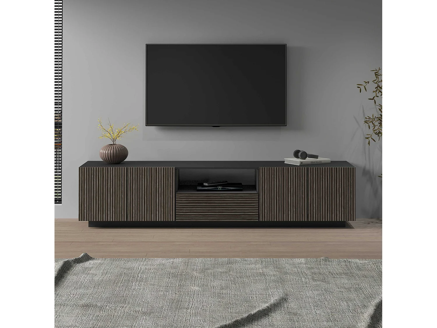 Mobile porta tv Coste a 4 ante 1 cassetto e 1 vano antracite/legno scuro 220,1x43x46 cm