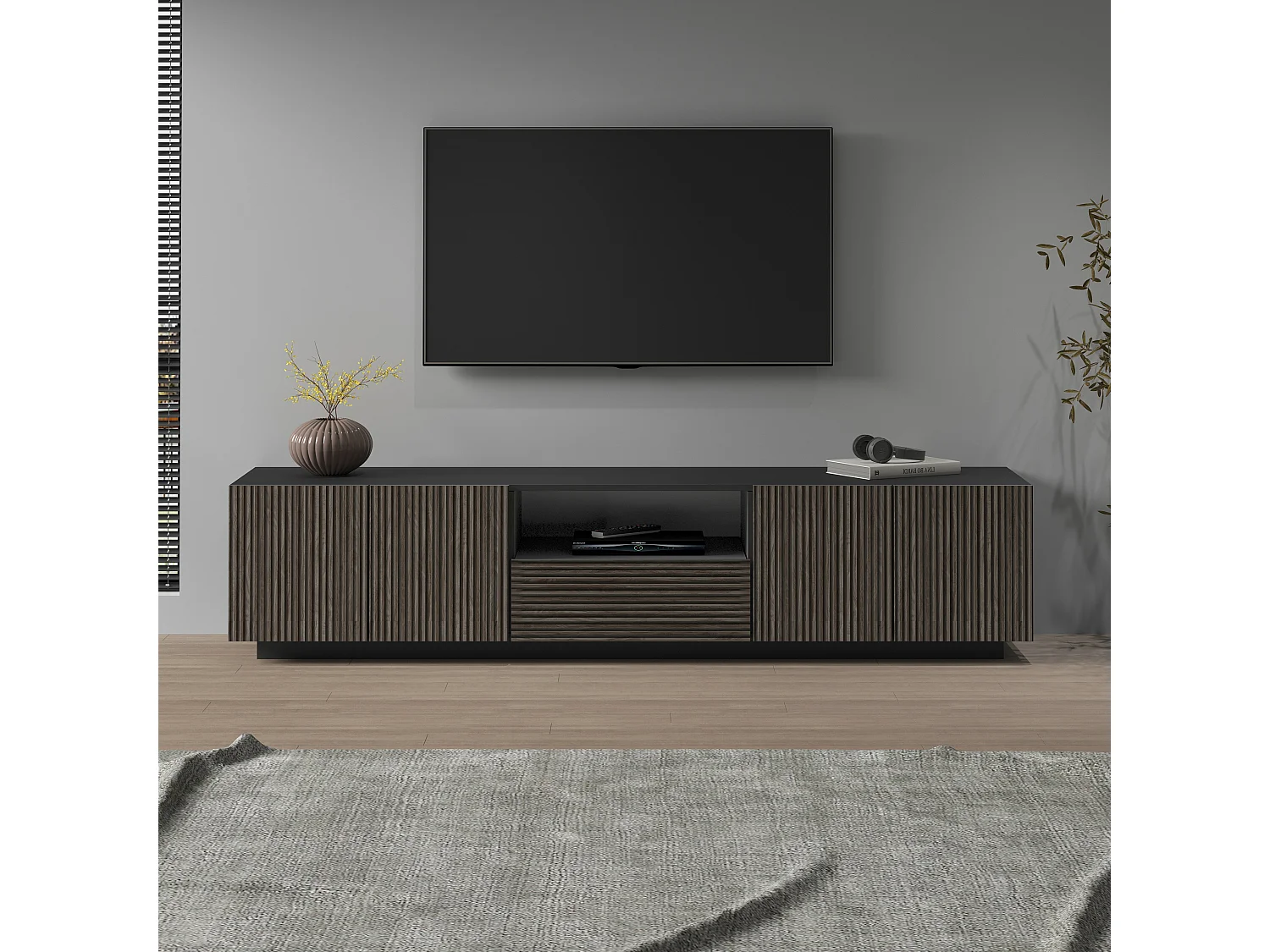 Mueble TV Coste con 4 puertas, 1 cajón y 1 compartimento, antracita/madera oscura, 220,1 x 43 x 46 cm