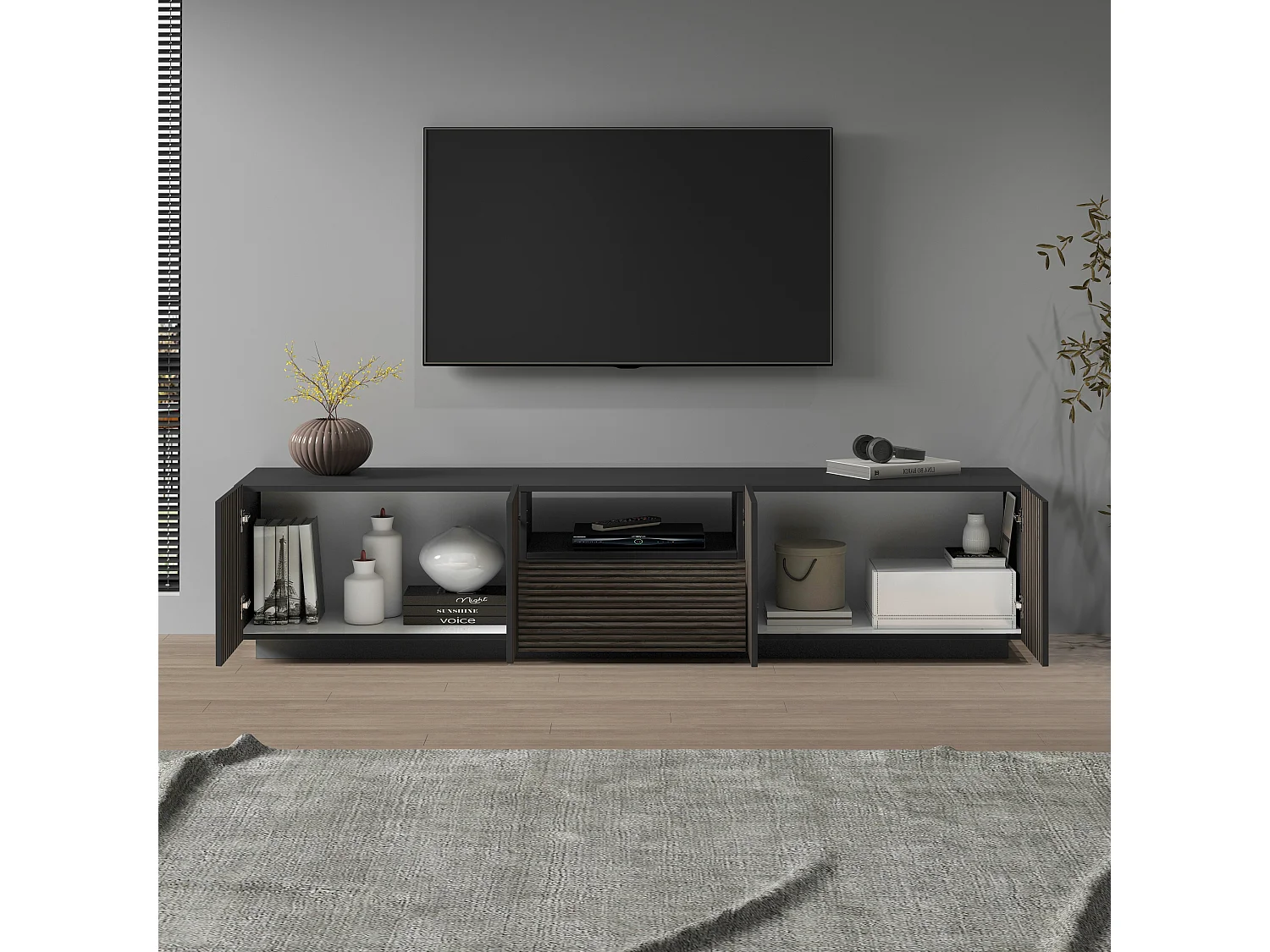 Mueble TV Coste con 4 puertas, 1 cajón y 1 compartimento, antracita/madera oscura, 220,1 x 43 x 46 cm