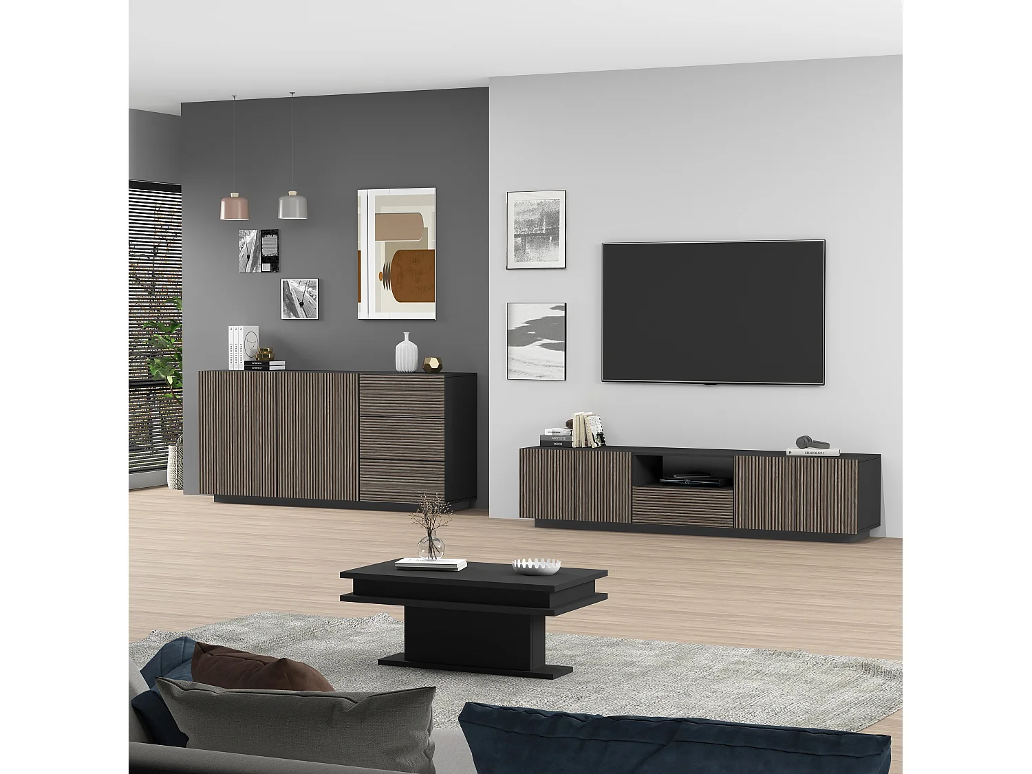 Mueble TV Coste con 4 puertas, 1 cajón y 1 compartimento, antracita/madera oscura, 220,1 x 43 x 46 cm