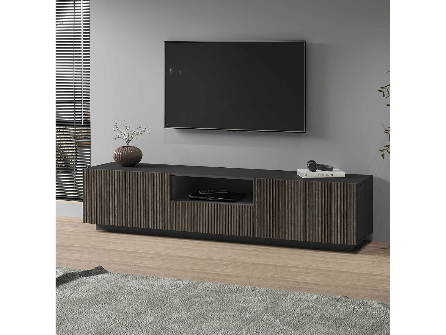 Mueble TV Coste con 4 puertas, 1 cajón y 1 compartimento, antracita/madera oscura, 220,1 x 43 x 46 cm