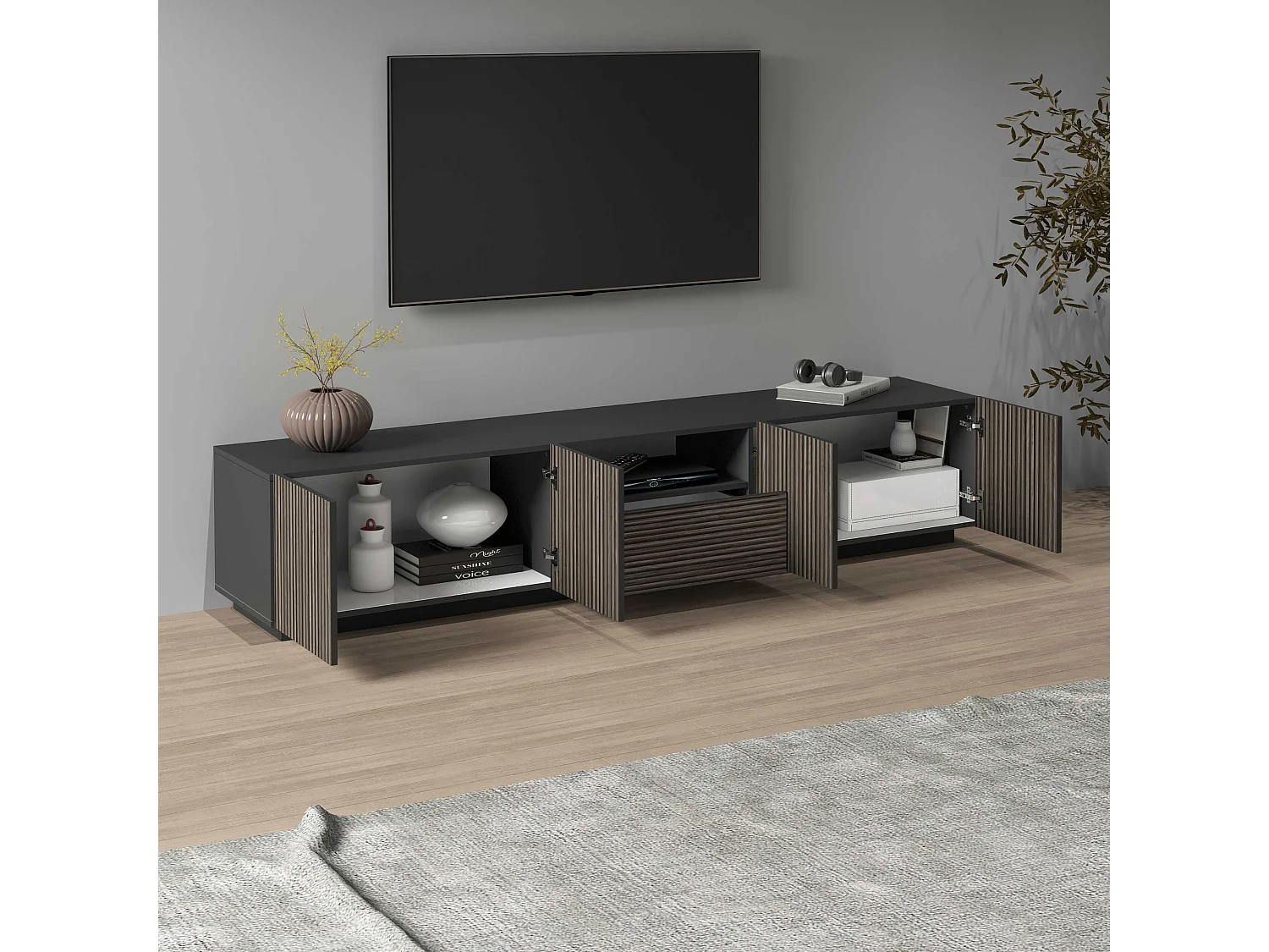 Mueble TV Coste con 4 puertas, 1 cajón y 1 compartimento, antracita/madera oscura, 220,1 x 43 x 46 cm