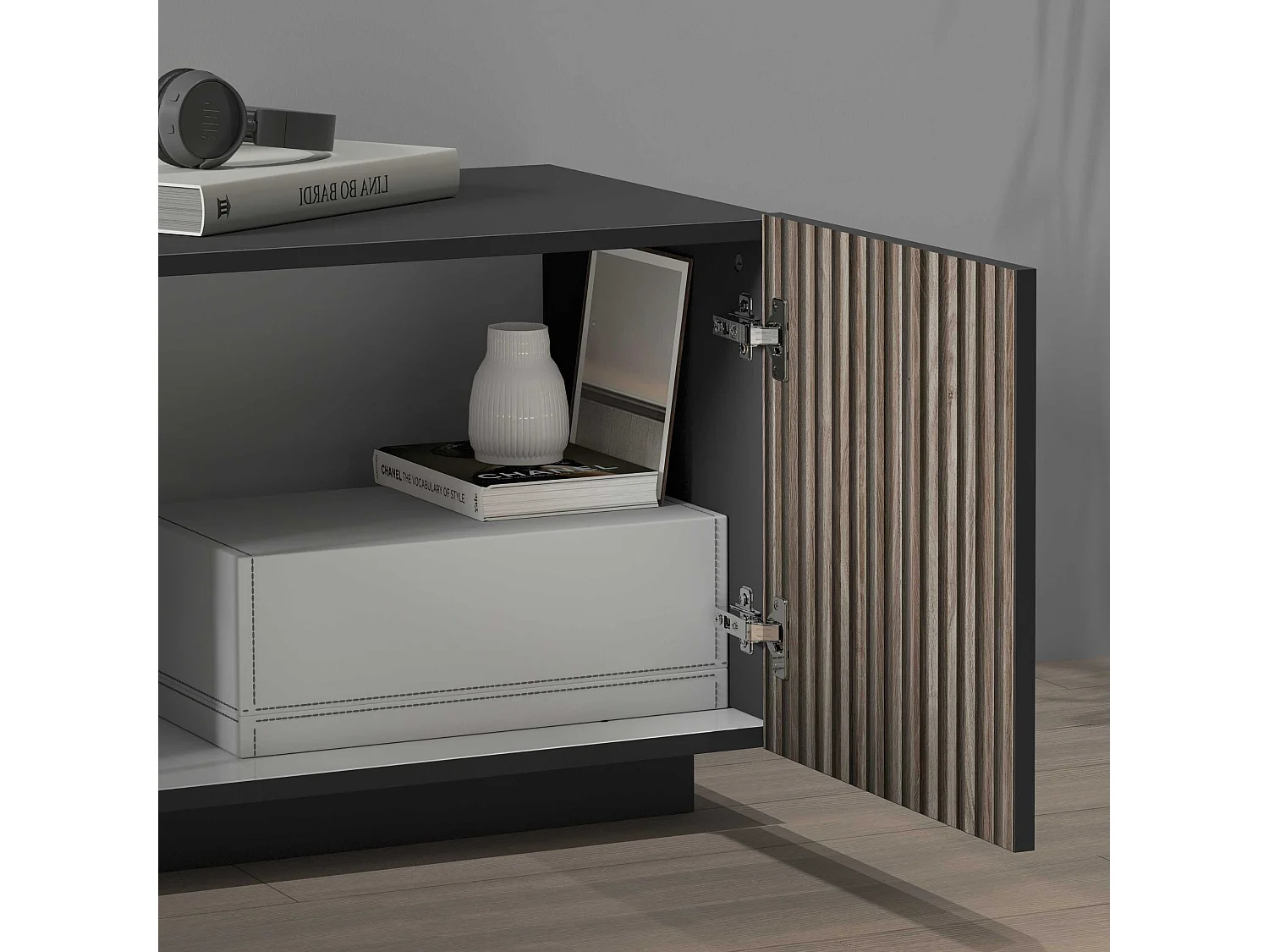 Mueble TV Coste con 4 puertas, 1 cajón y 1 compartimento, antracita/madera oscura, 220,1 x 43 x 46 cm