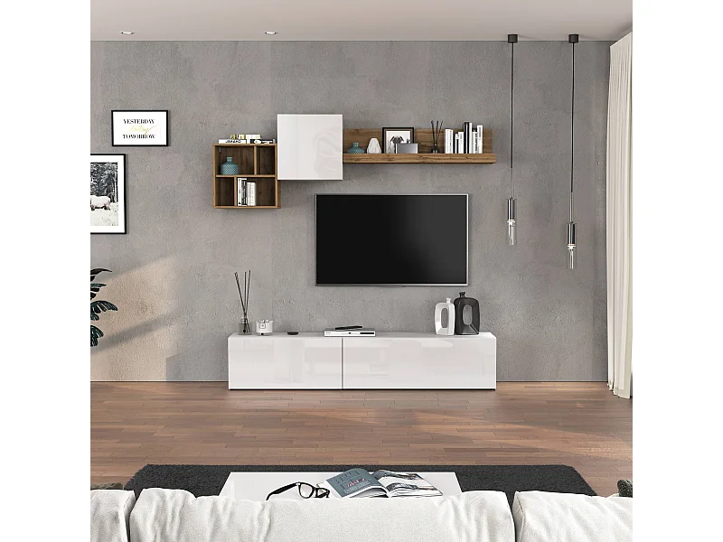Parete attrezzata Chronos set soggiorno bianco lucido e rovere 180/260x40 cm
