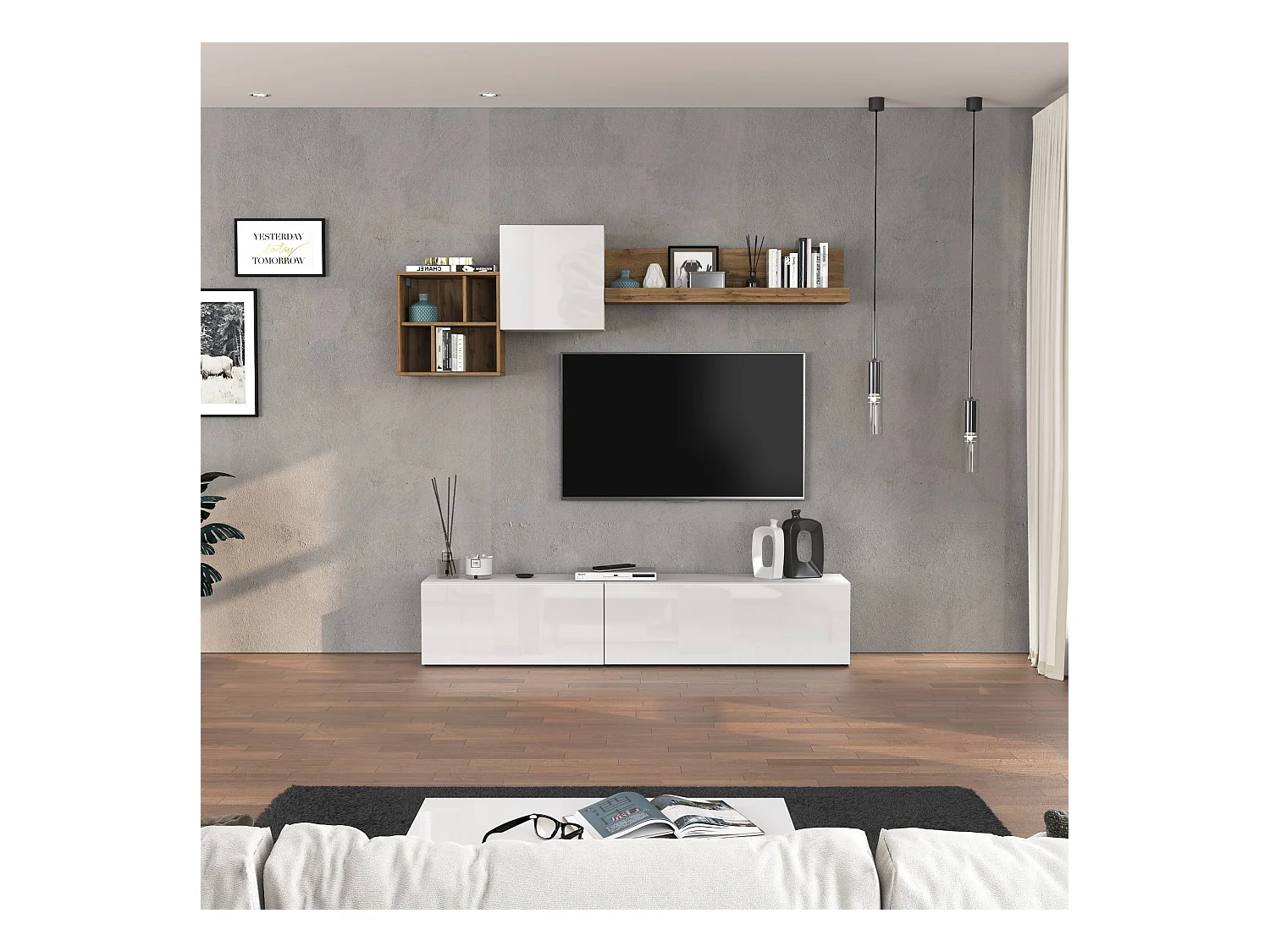 Parete attrezzata Chronos set soggiorno bianco lucido e rovere 180/260x40 cm