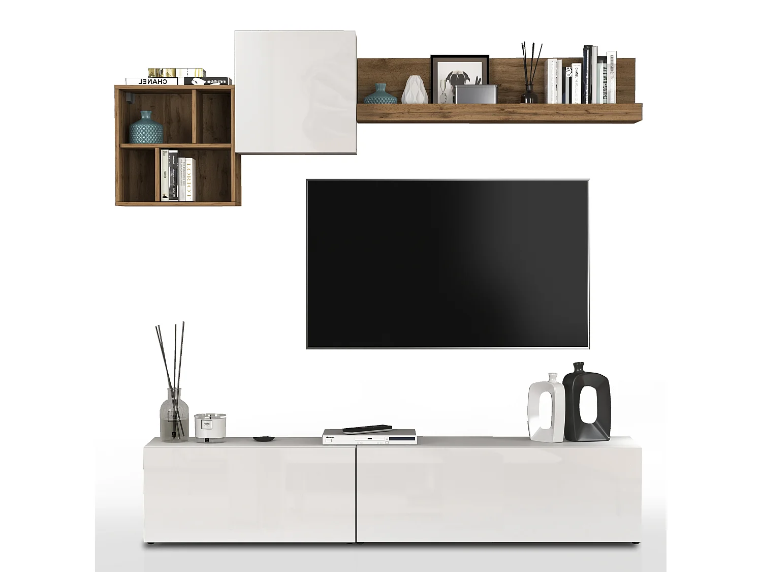 Conjunto de muebles de salón Chronos en blanco brillo y roble 180/260x40 cm