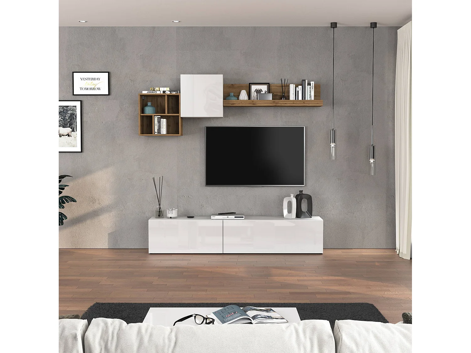 Conjunto de muebles de salón Chronos en blanco brillo y roble 180/260x40 cm