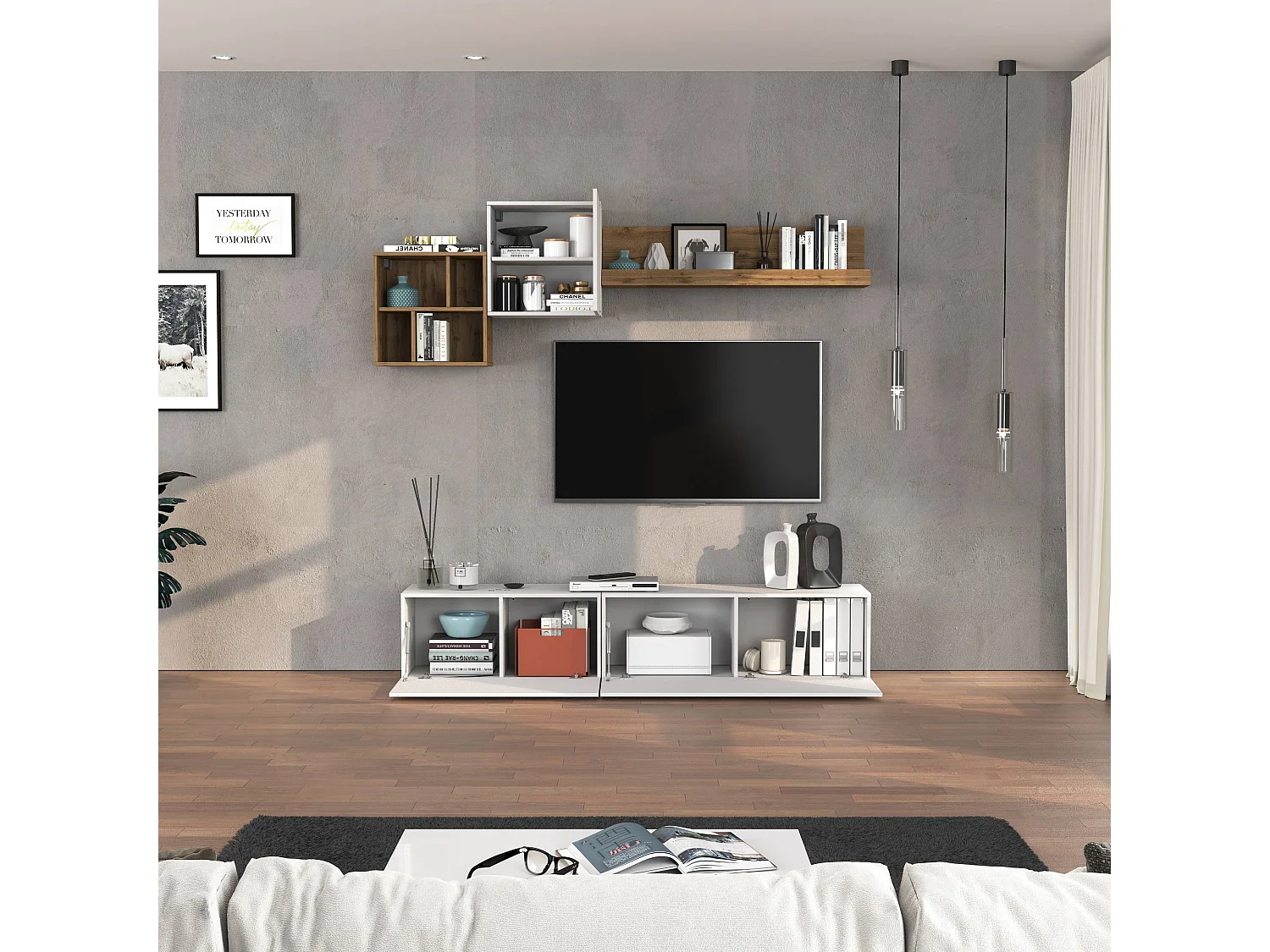 Conjunto de muebles de salón Chronos en blanco brillo y roble 180/260x40 cm