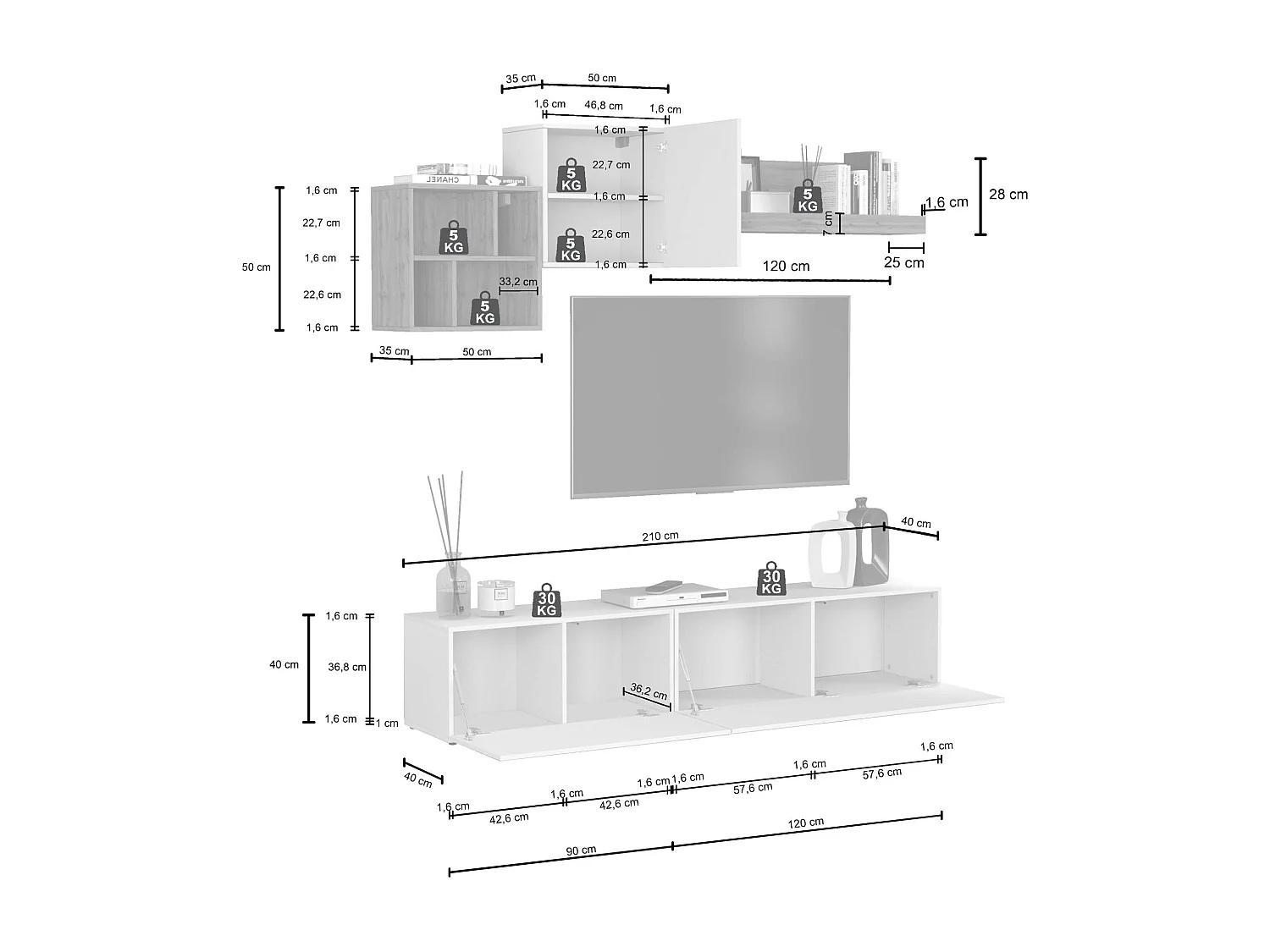 Conjunto de muebles de salón Chronos en blanco brillo y roble 180/260x40 cm