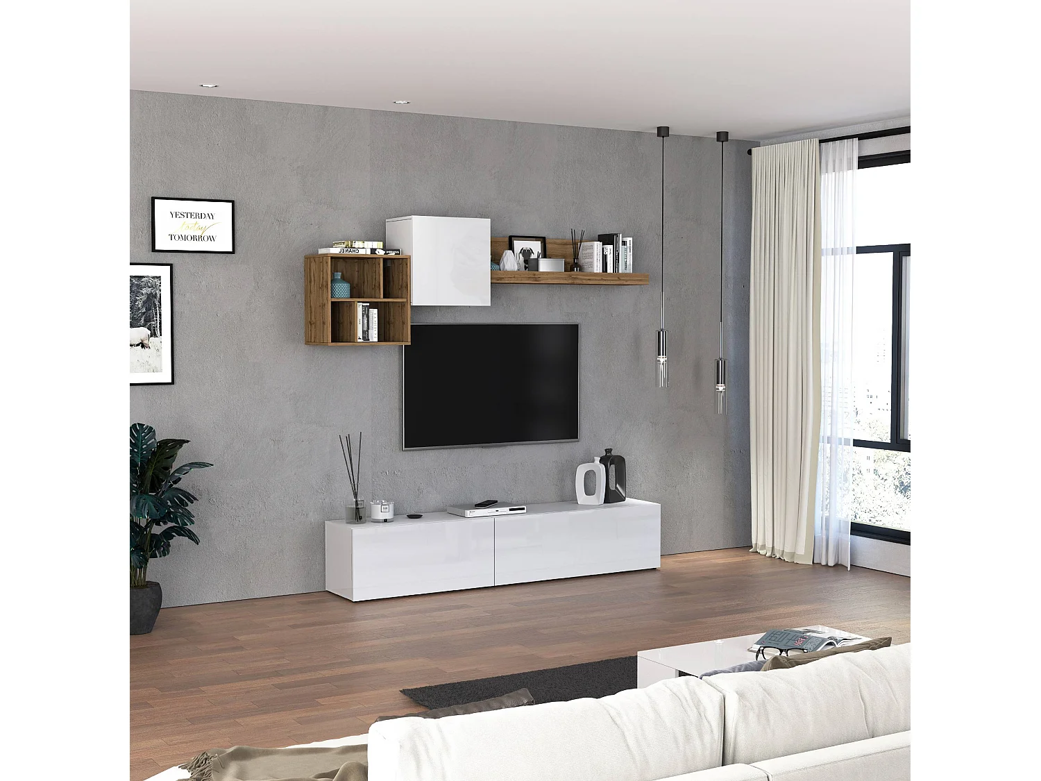Conjunto de muebles de salón Chronos en blanco brillo y roble 180/260x40 cm