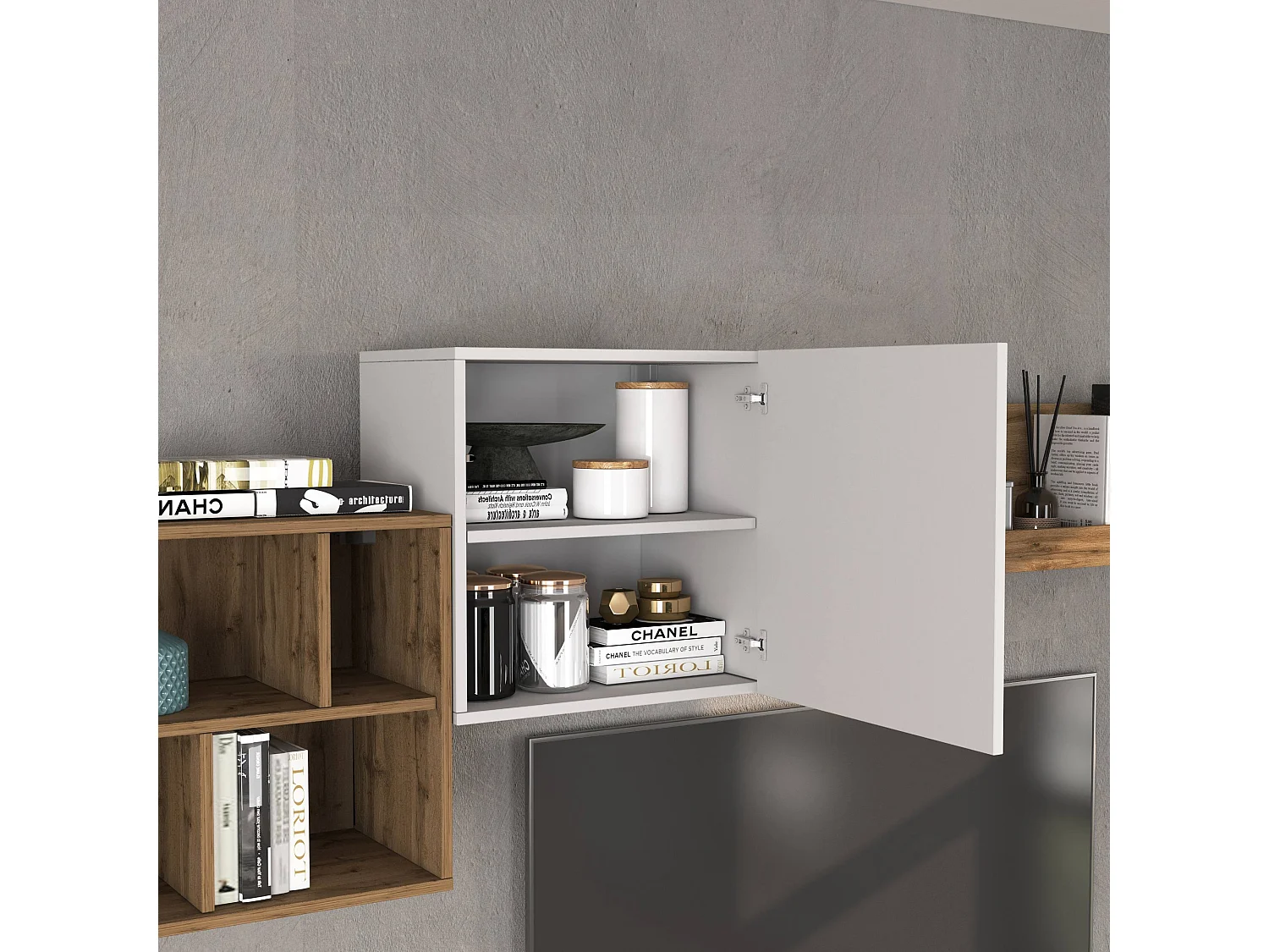 Conjunto de muebles de salón Chronos en blanco brillo y roble 180/260x40 cm