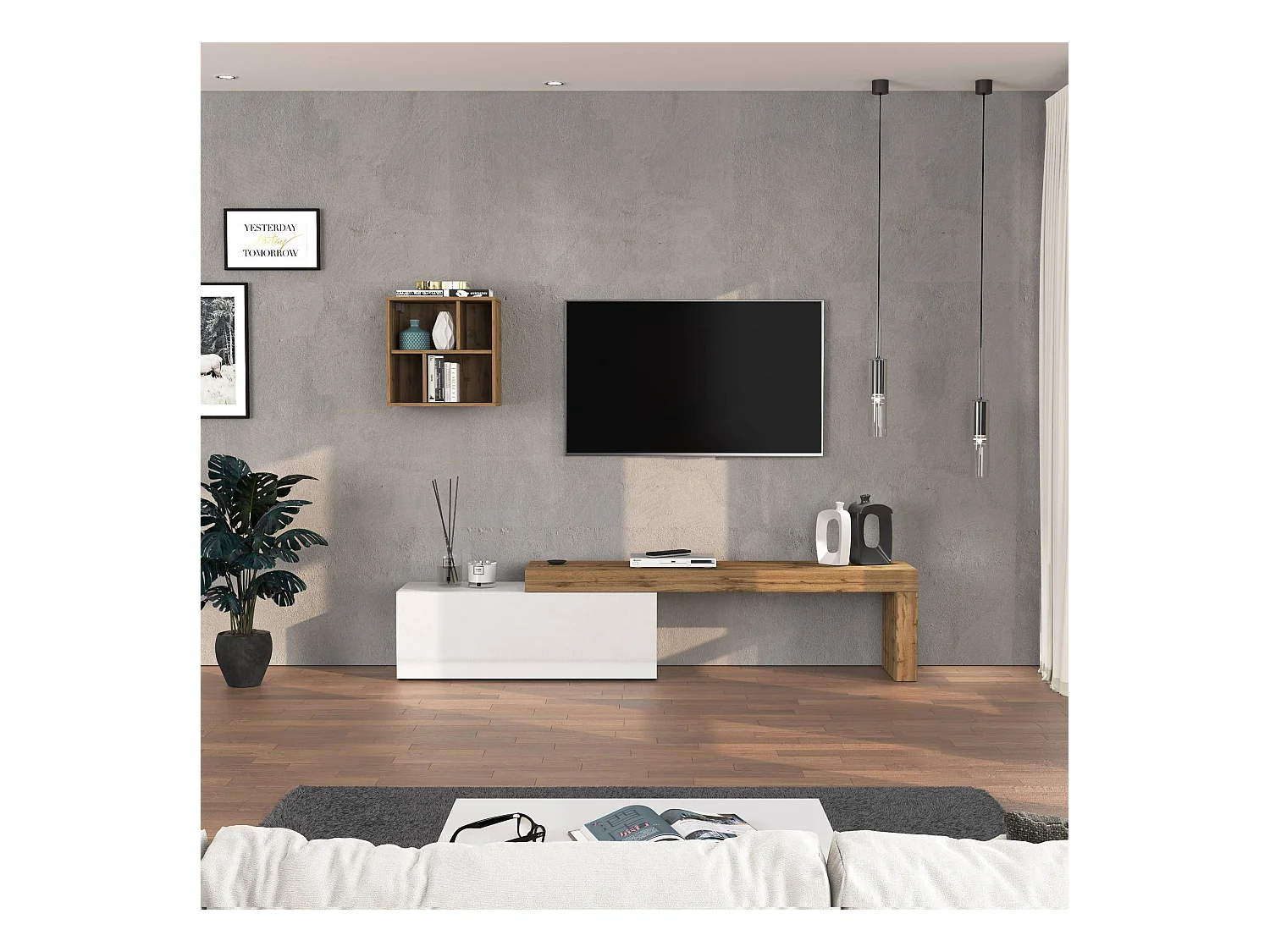 Parete attrezzata Chronos set soggiorno bianco lucido e rovere 180/290x40 cm