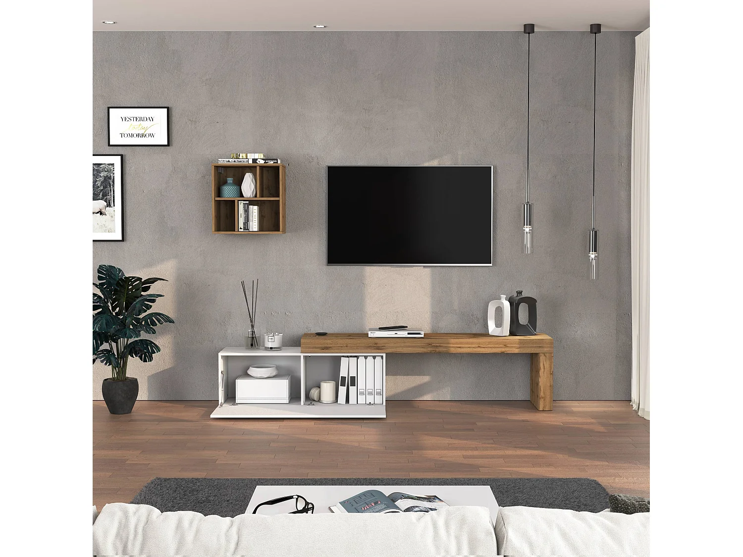 Parete attrezzata Chronos set soggiorno bianco lucido e rovere 180/290x40 cm