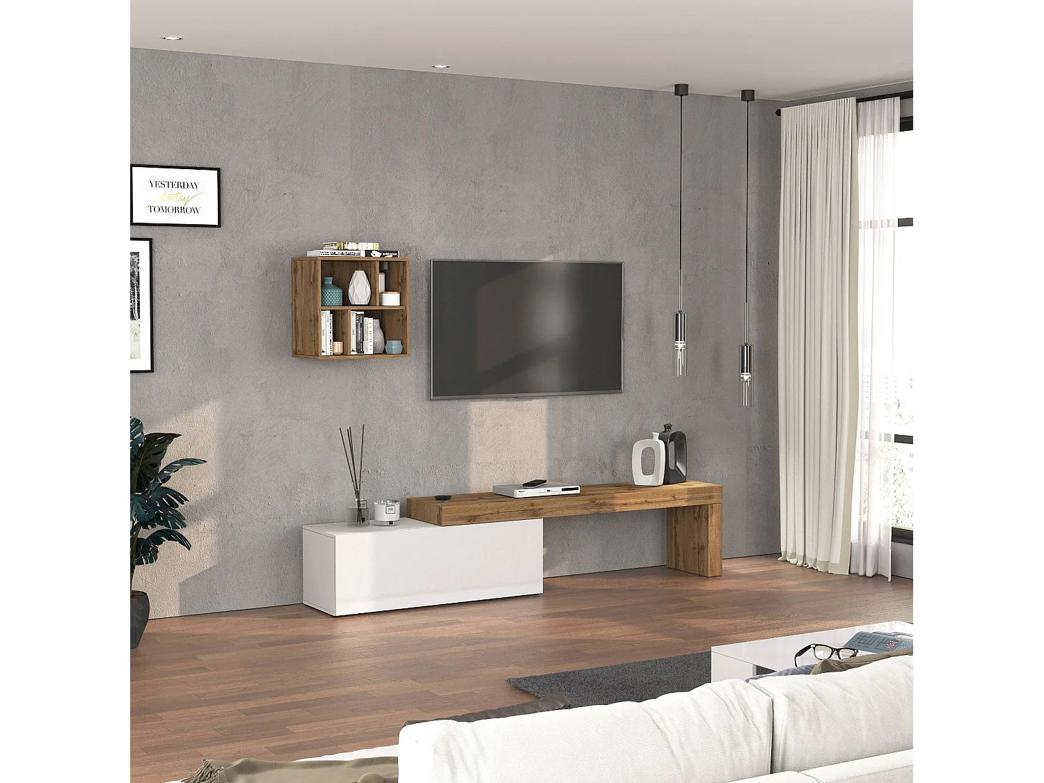 Parete attrezzata Chronos set soggiorno bianco lucido e rovere 180/290x40 cm