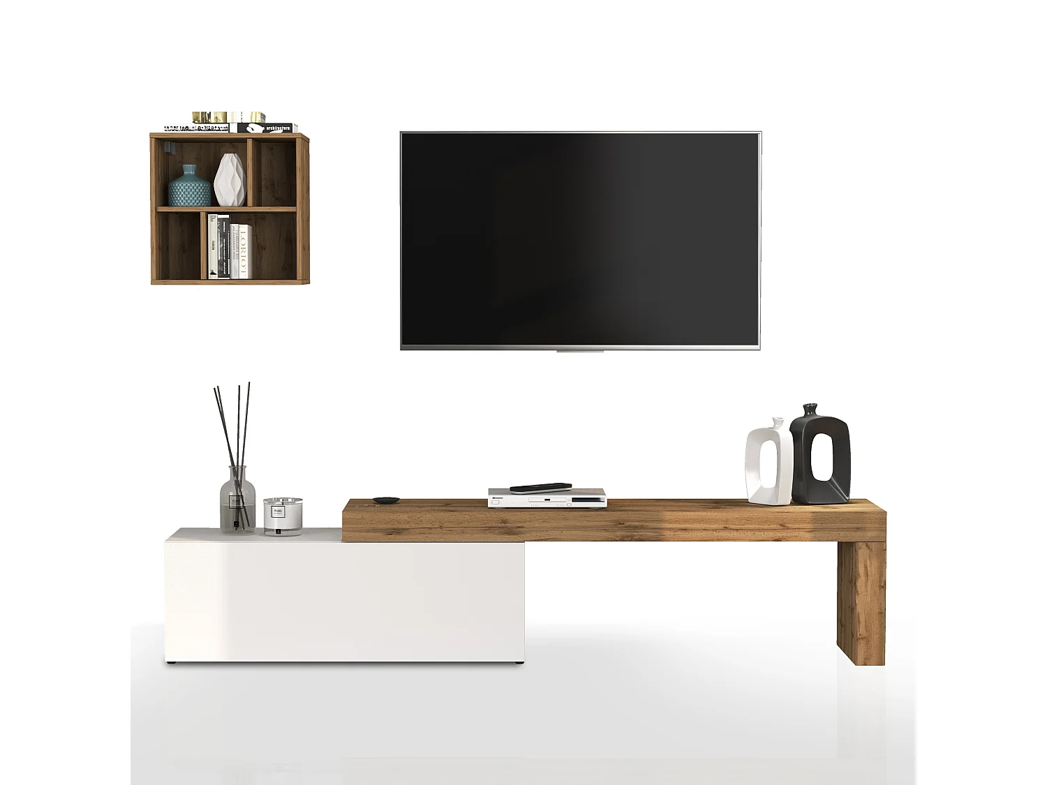 Conjunto de mueble de TV Chronos blanco brillo y roble 180/290x40 cm
