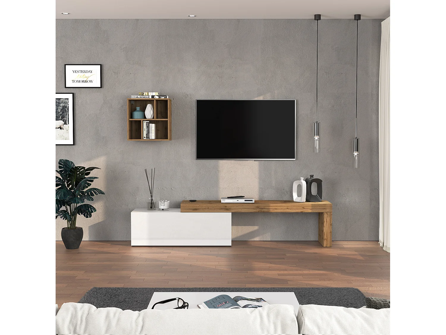 Conjunto de mueble de TV Chronos blanco brillo y roble 180/290x40 cm