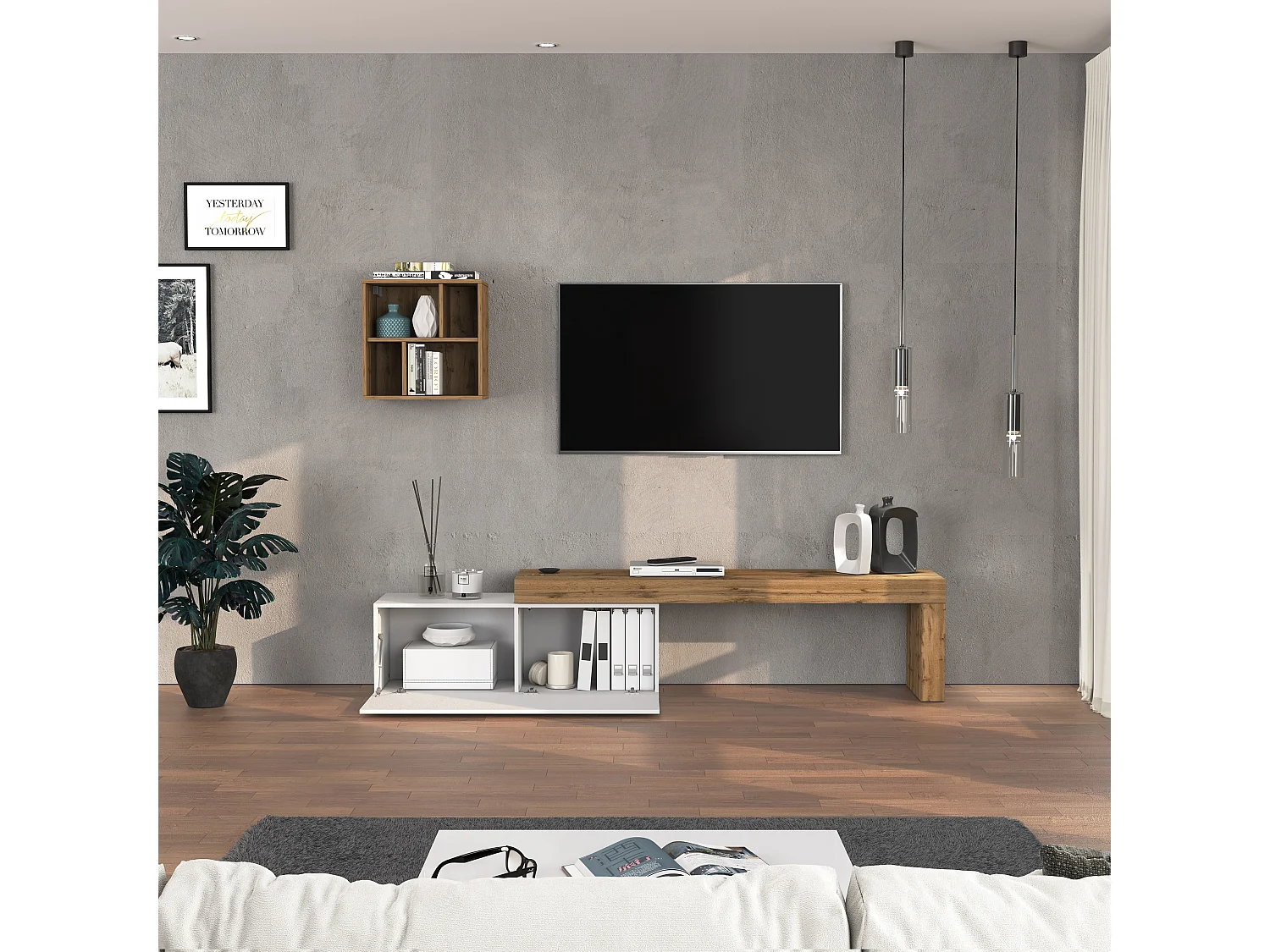 Conjunto de mueble de TV Chronos blanco brillo y roble 180/290x40 cm