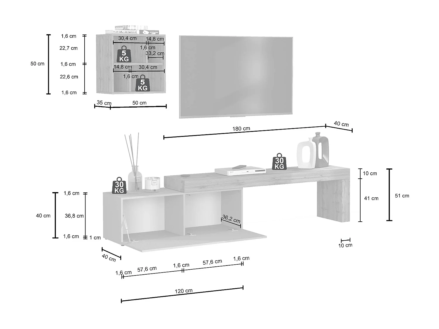 Conjunto de mueble de TV Chronos blanco brillo y roble 180/290x40 cm