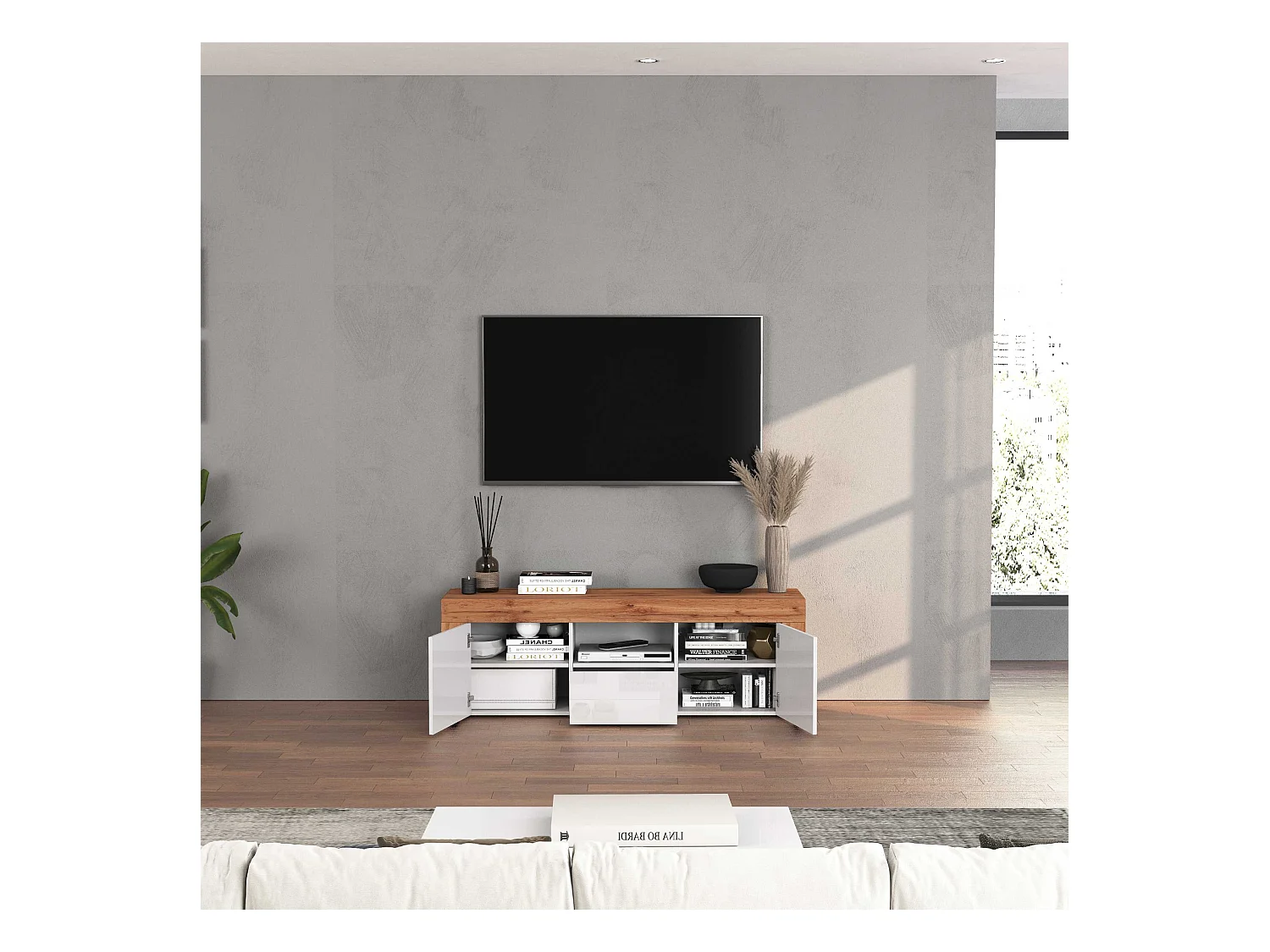 Mobile porta tv Chronos a 2 ante e 1 cassetto bianco lucido e rovere 155x40x51 cm