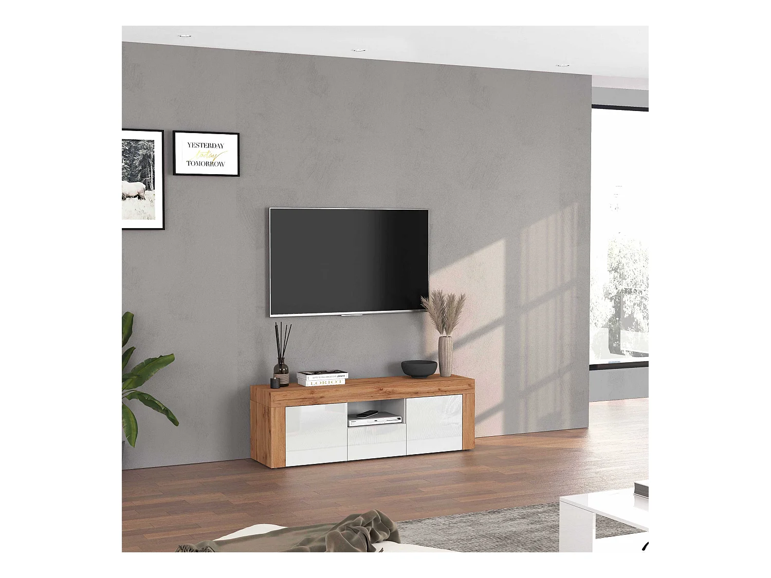 Mobile porta tv Chronos a 2 ante e 1 cassetto bianco lucido e rovere 155x40x51 cm