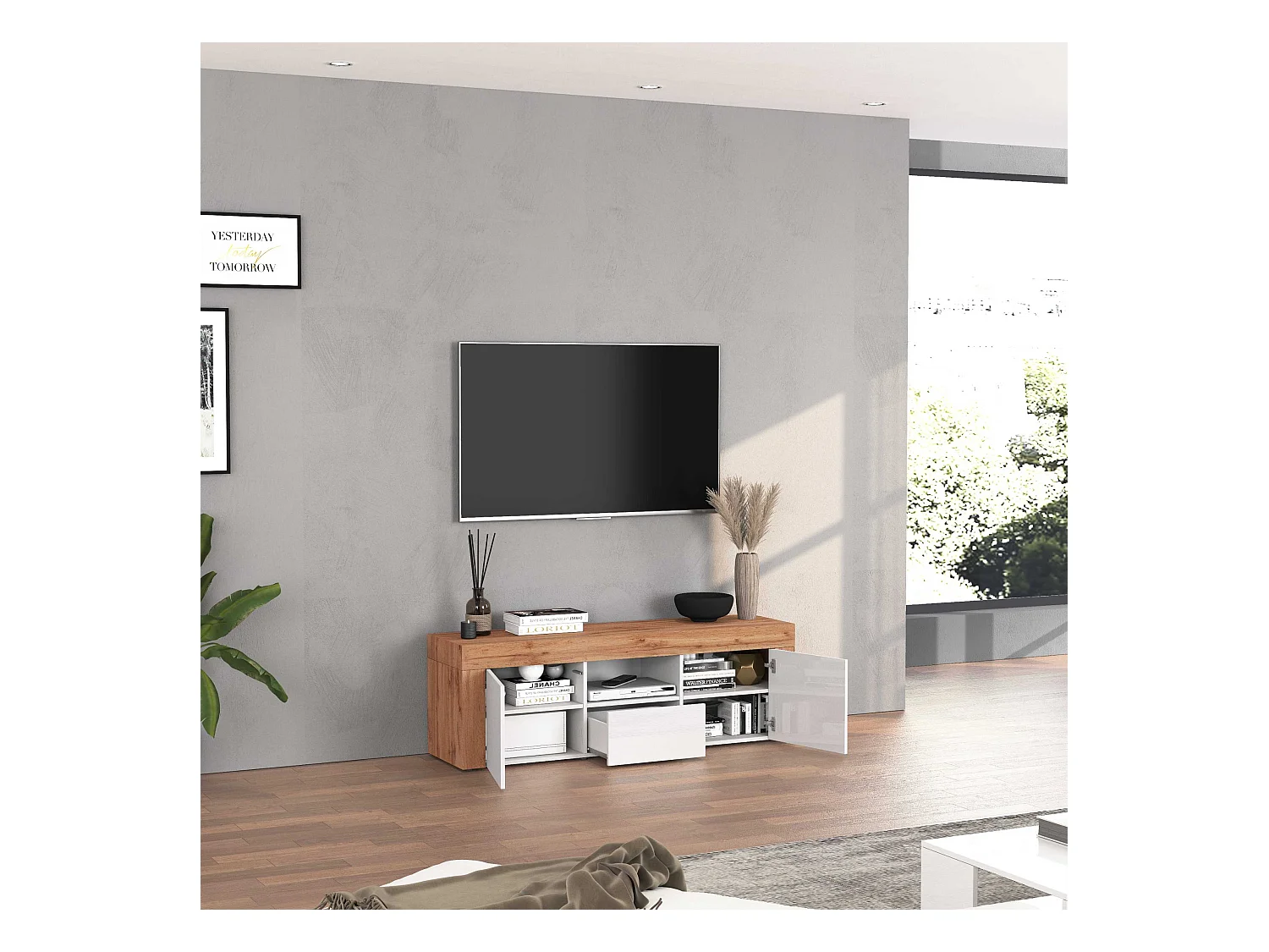 Mobile porta tv Chronos a 2 ante e 1 cassetto bianco lucido e rovere 155x40x51 cm