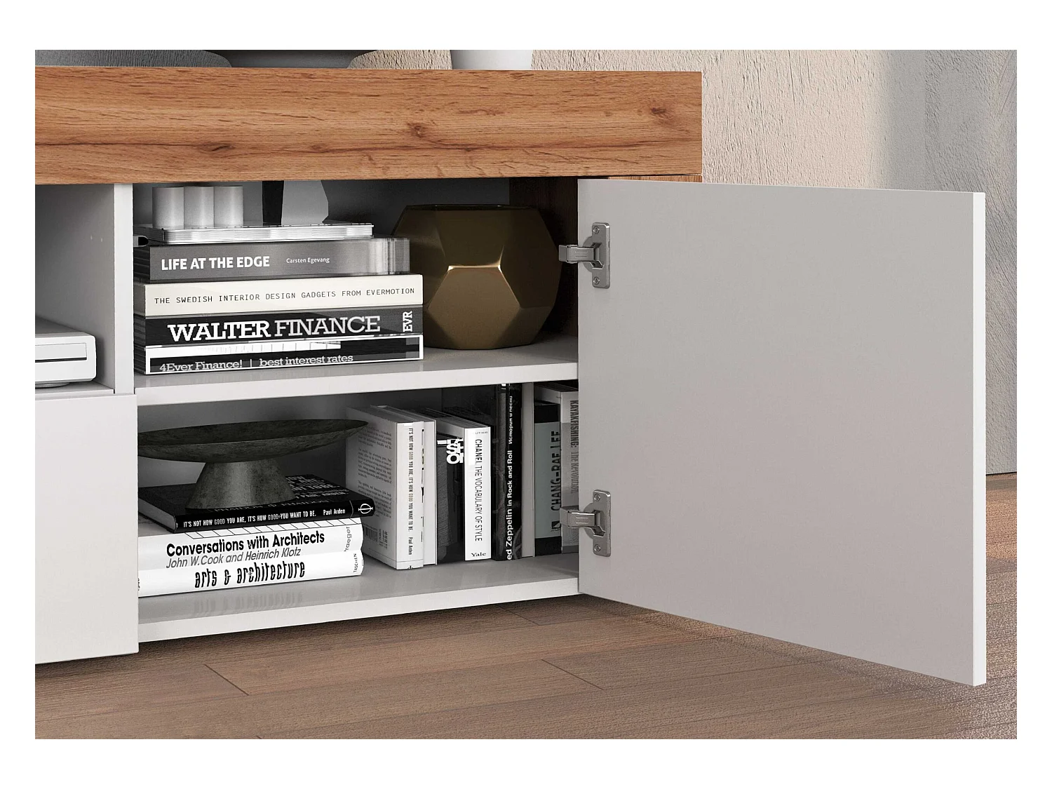 Mobile porta tv Chronos a 2 ante e 1 cassetto bianco lucido e rovere 155x40x51 cm