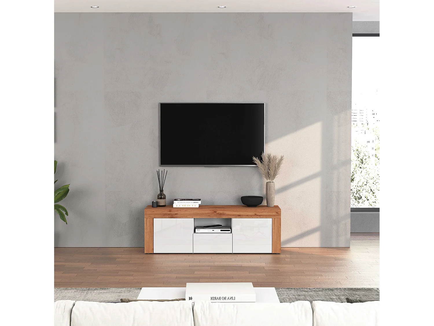 Mobile porta tv Chronos a 2 ante e 1 cassetto bianco lucido e rovere 155x40x51 cm