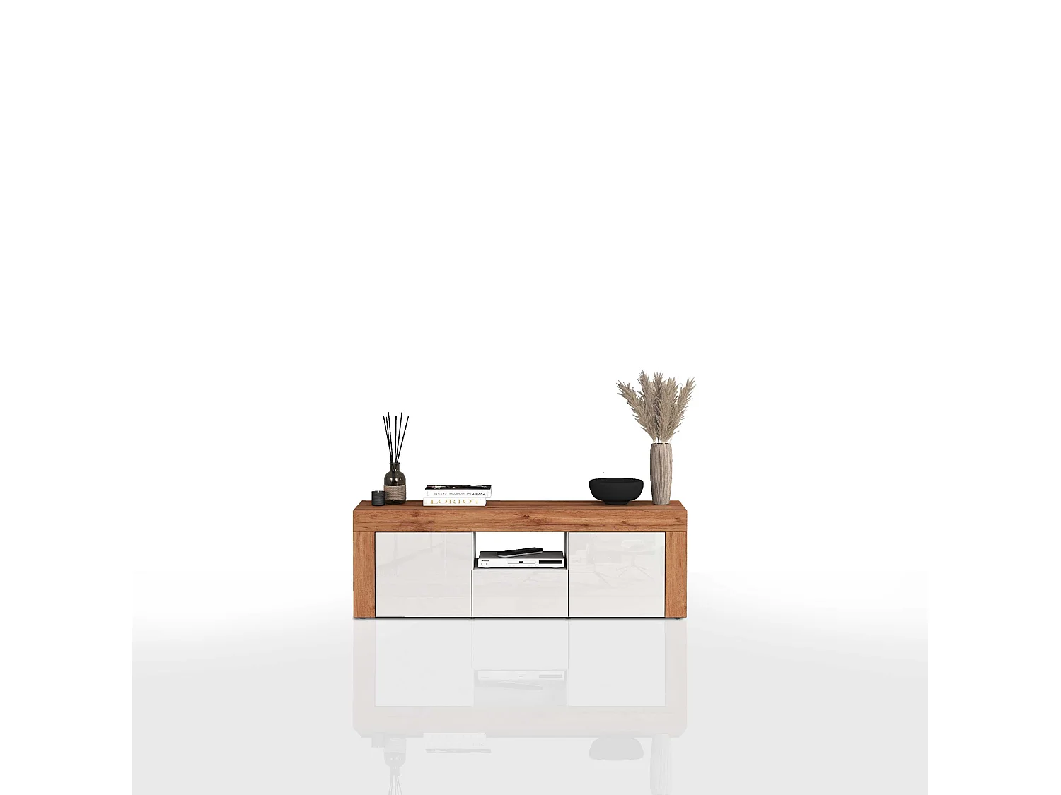 Mobile porta tv Chronos a 2 ante e 1 cassetto bianco lucido e rovere 155x40x51 cm