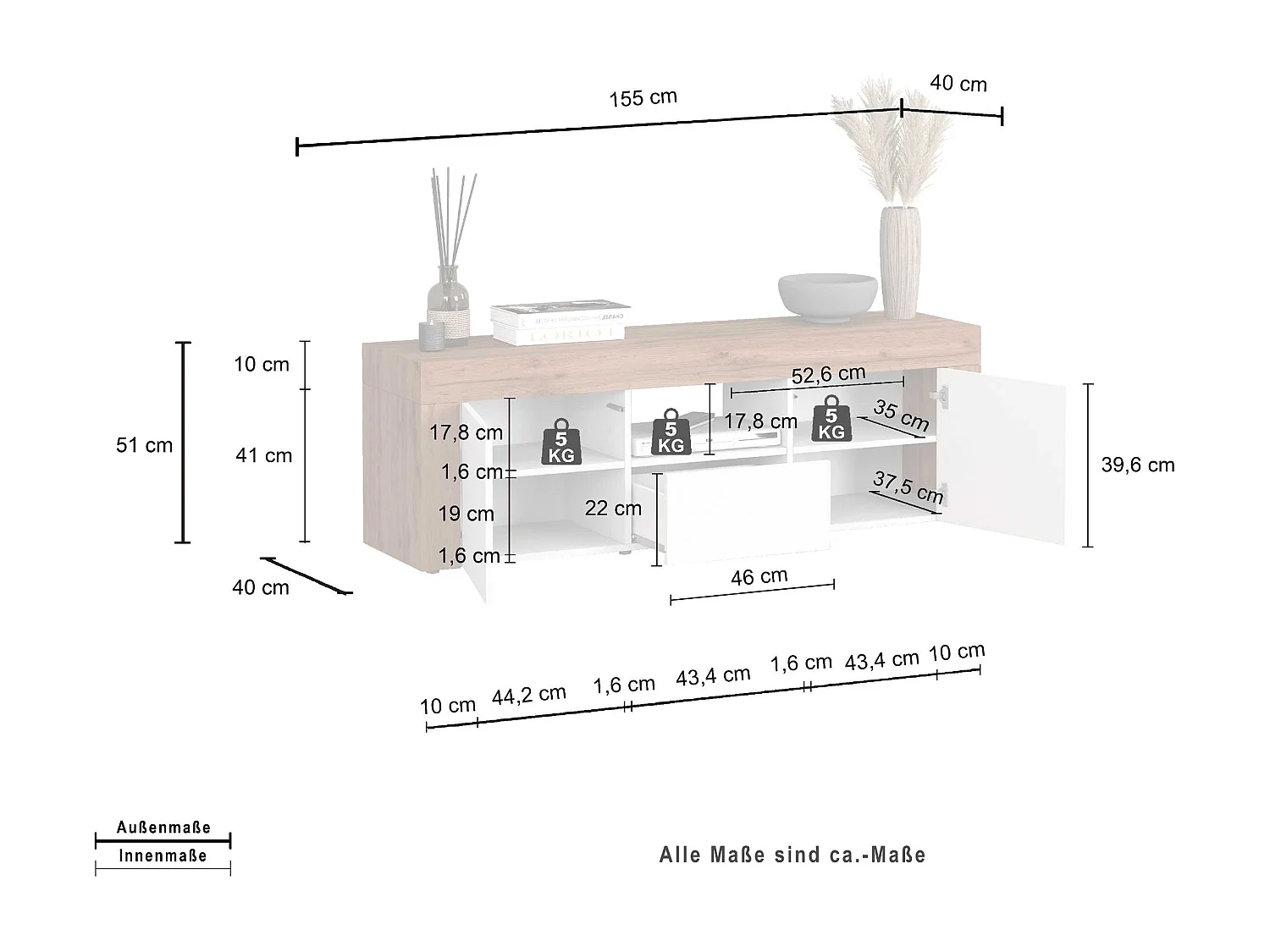 Mobile porta tv Chronos a 2 ante e 1 cassetto bianco lucido e rovere 155x40x51 cm