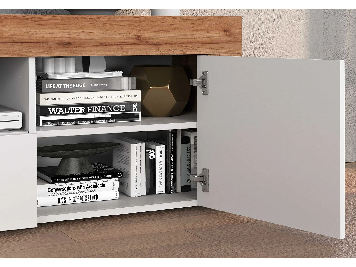 Mobile porta tv Chronos a 2 ante e 1 cassetto bianco lucido e rovere 155x40x51 cm