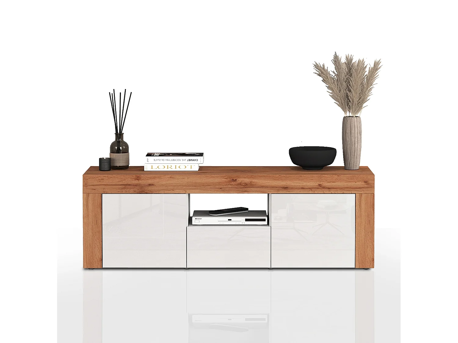 Mueble TV Chronos con 2 puertas y 1 cajón blanco brillo y roble 155x40x51 cm