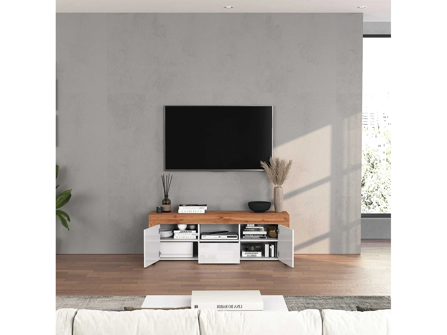 Mueble TV Chronos con 2 puertas y 1 cajón blanco brillo y roble 155x40x51 cm