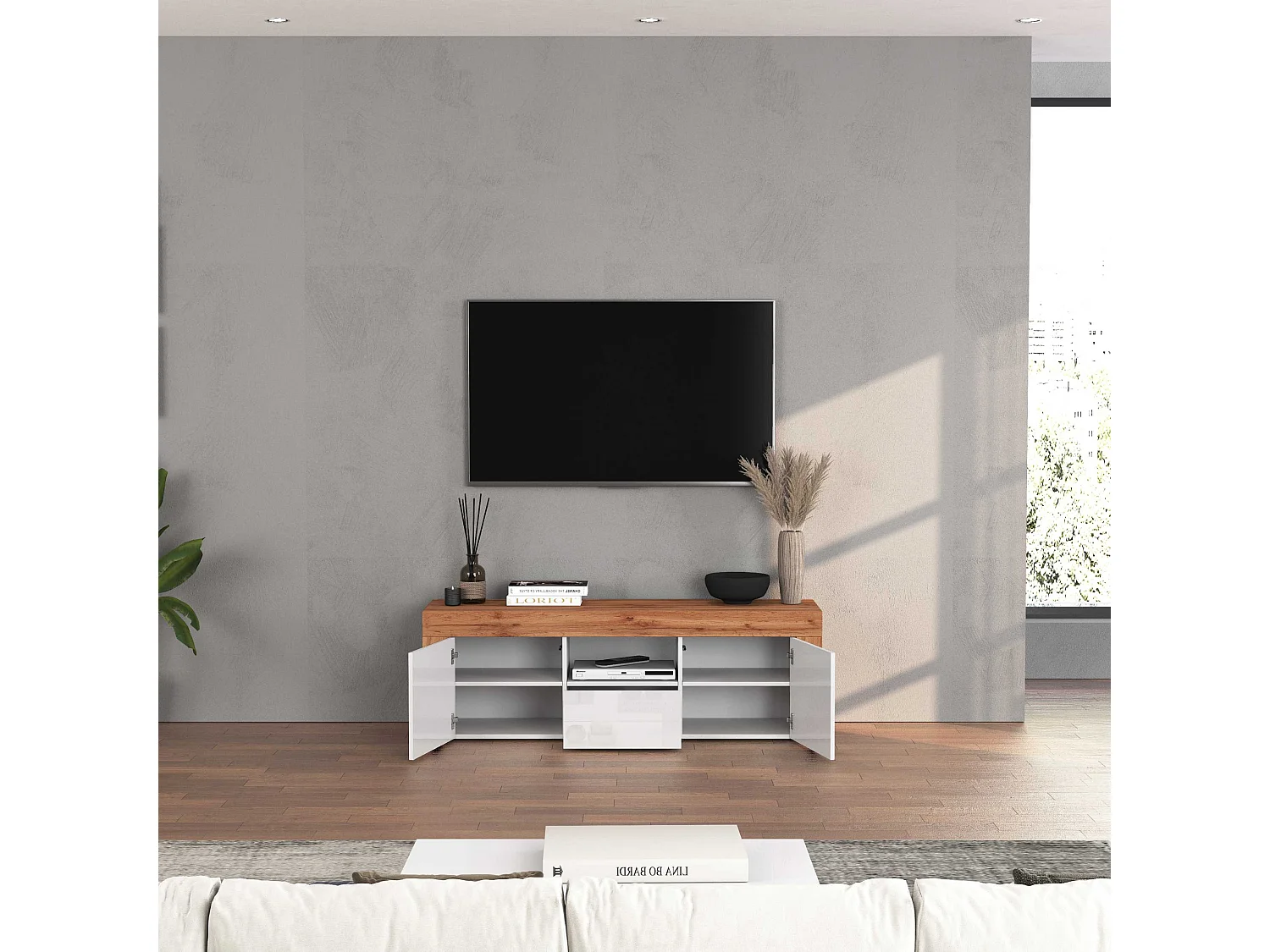 Mueble TV Chronos con 2 puertas y 1 cajón blanco brillo y roble 155x40x51 cm