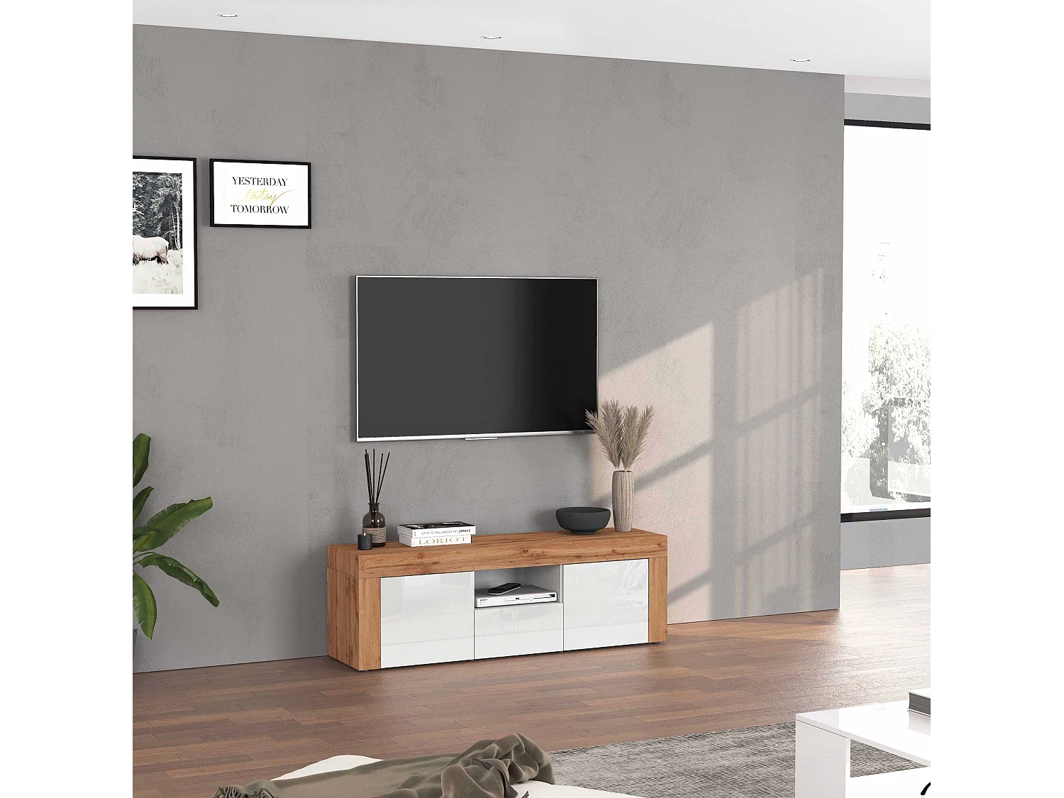 Mueble TV Chronos con 2 puertas y 1 cajón blanco brillo y roble 155x40x51 cm