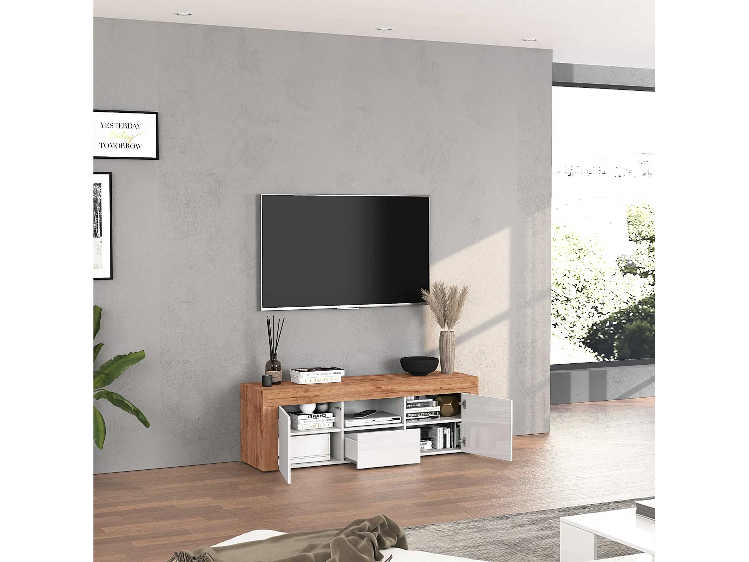 Mueble TV Chronos con 2 puertas y 1 cajón blanco brillo y roble 155x40x51 cm