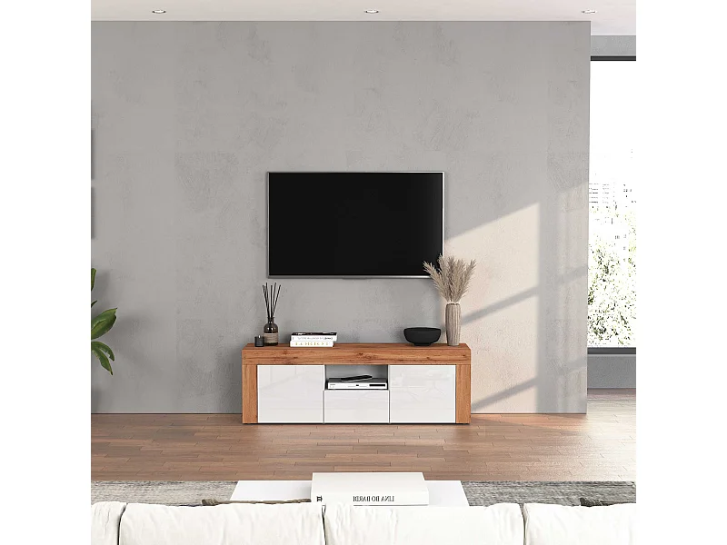 Mobile porta tv Chronos a 2 ante e 1 cassetto bianco lucido e rovere 155x40x51 cm