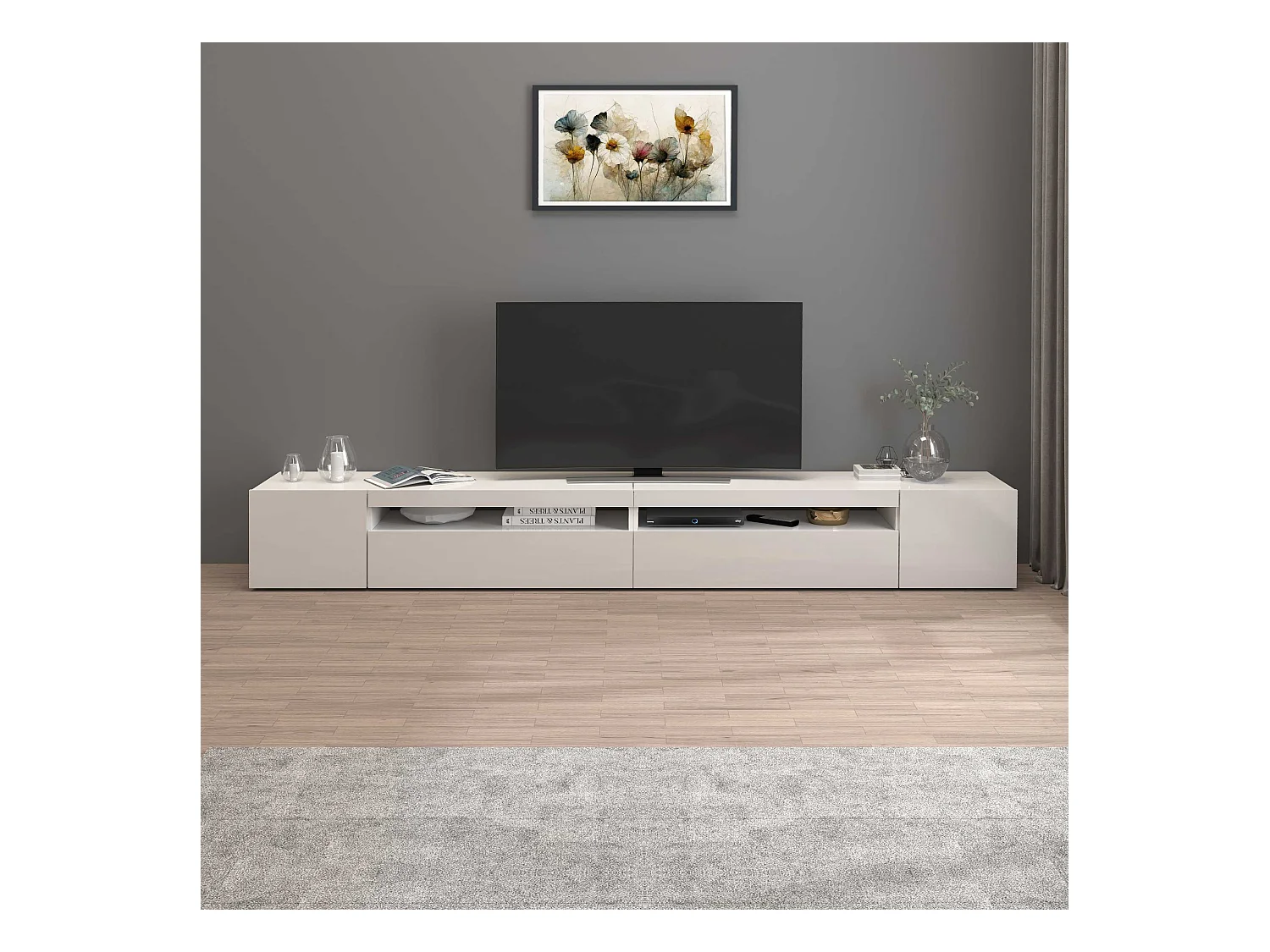 Mobile porta tv Potenza con 4 ante e 2 vani aperti bianco lucido 260x40x36 cm
