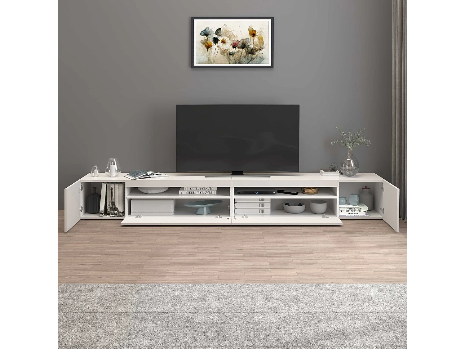 Mobile porta tv Potenza con 4 ante e 2 vani aperti bianco lucido 260x40x36 cm