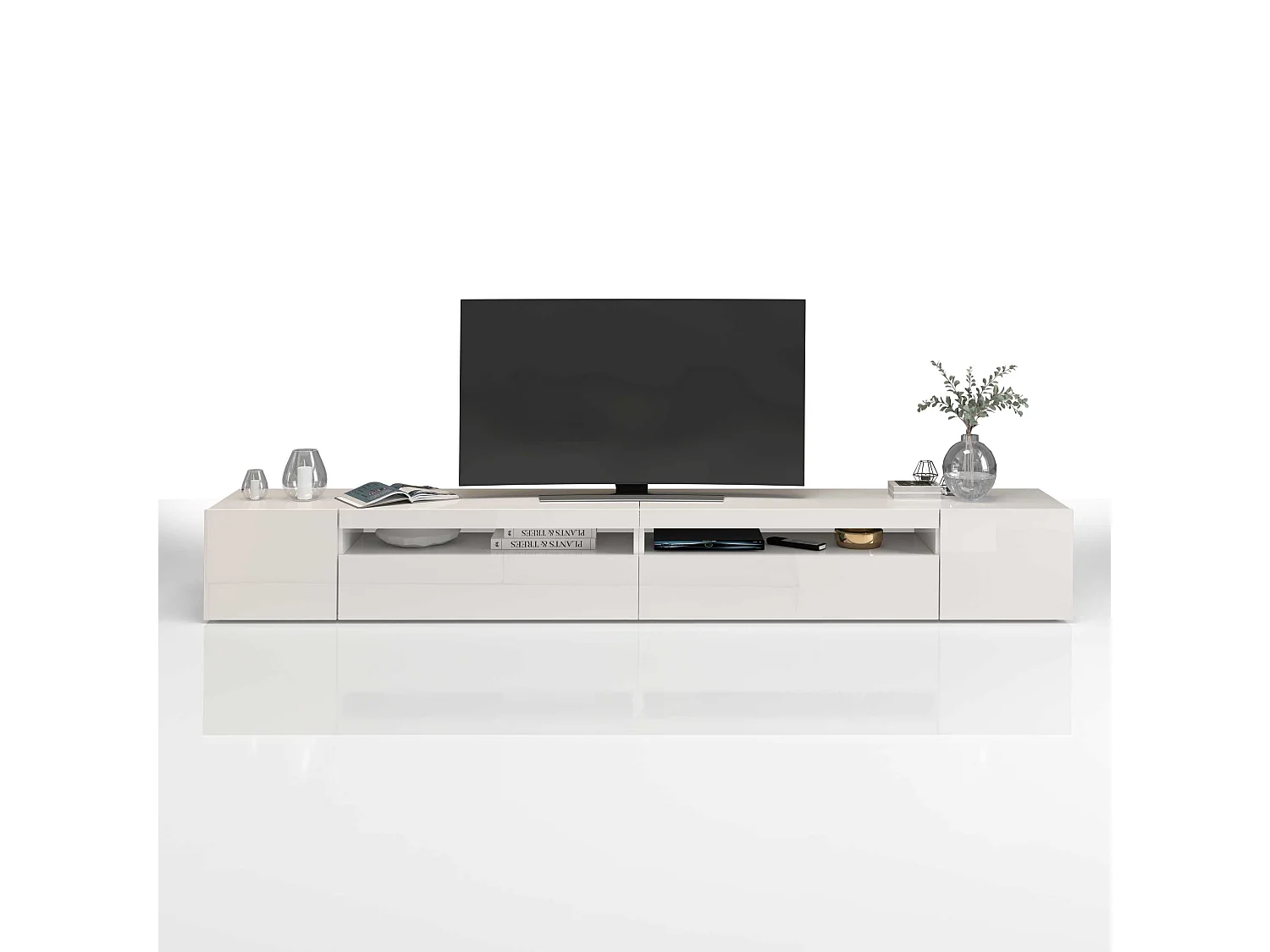 Mobile porta tv Potenza con 4 ante e 2 vani aperti bianco lucido 260x40x36 cm